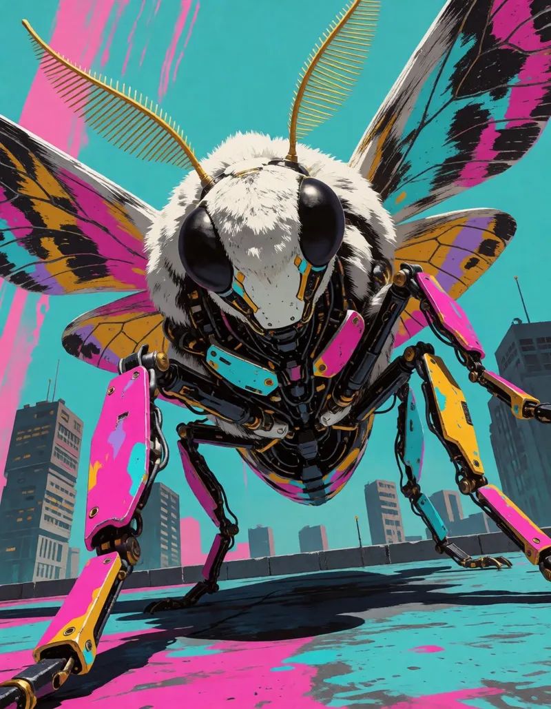 a cyber-organic moth queen with exposed circuitry,  sensor eyes and trailing cables,  with gold-plated facial panels and l...