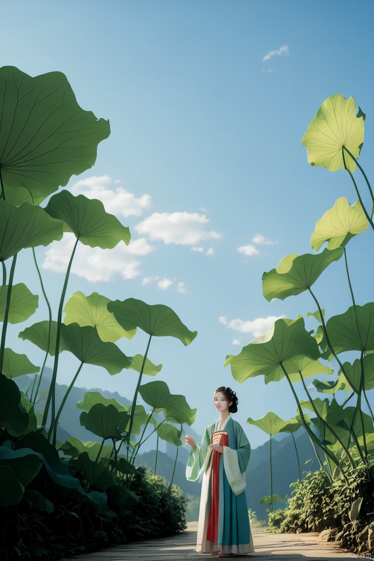 Serene Hanfu-clad beauty stands tall against lush Lotus Leaf Background, flowing skirt and long sleeves billowing in gentle breeze. Lush lotus leaves stretch towards sky in distance. Wide shot captures striking figure amidst serene landscape, leafy scenery subtly emphasizing elegance.YT lotus leaf<lora:EMS-383515-EMS:0.800000>