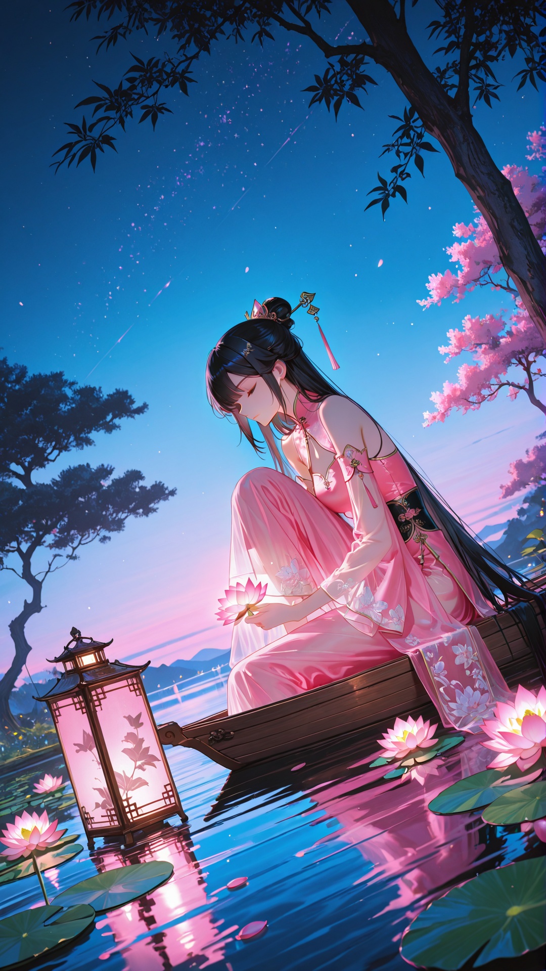 XUER dim moonlight,1girl,solo,long hair,black hair,hair ornament,holding,bare shoulders,sitting,very long hair,closed mouth,closed eyes,flower,outdoors,sky,water,hair bun,tree,see-through,night,chinese clothes,single hair bun,night sky,reflection,lantern,hair stick,watercraft,boat,lake,lily pad,lotus, (Anime:1.3),translucent,soft neon pink light,ethereal ambiance,delicate details,magical atmosphere, concept art,highly detailed,ultra-high resolution,32K UHD,sharp focus,best-quality,masterpiece,golden hour,unconventional supreme masterpiece,masterful details,temperate atmosphere,with a high-end texture,in the style of fashion photography,magazine cover,Dynamic Angle,Dynamic posture,magazine cover,Dynamic Angle,Dynamic posture, <lora:绪儿朦胧的月光:0.8>,