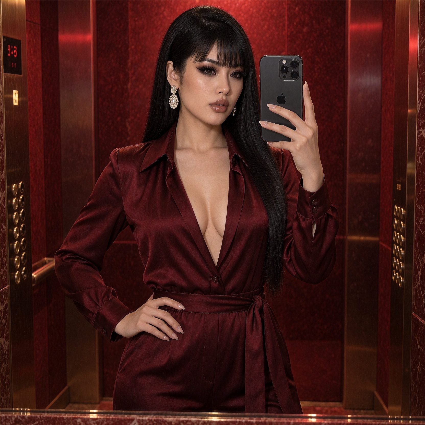 Brat6,  taking a close-up mirror selfie in an exclusive club elevator,  one hand resting hip on Tensor.Art