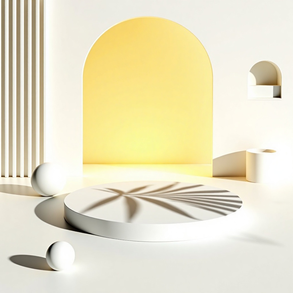 zhantai,zhantai,A circular platform, white in color, with the shadow of a coconut tree leaf on top. The platform is located in the center of the picture, surrounded by several white circular objects. One is a small ball placed in the bottom left corner, and the other two are cylindrical objects placed on the left and right sides. The background is a soft yellow and white wall, with an arched opening on the wall. There are some vertical white stripes on the left side of the opening, and a decorative object similar to an arch on the right side. The entire scene appears simple and modern, with soft lighting and a peaceful and warm atmosphere. The style of the picture is 3D rendering.