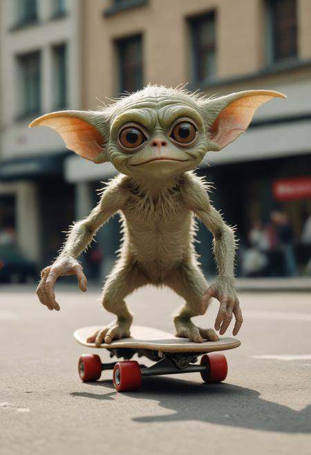 Leica portrait of a gremlin skateboarding, coded patterns, sparse and simple, uhd image, urbancore, sovietwave, period snapshot