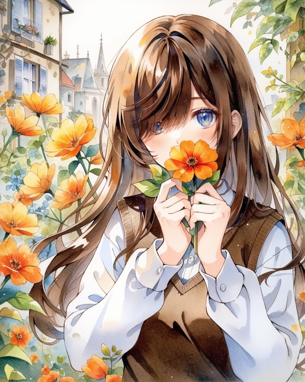 1girl, solo, long hair, painting (medium), watercolor (medium), traditional media, brown hair, flower, leaf, blue eyes, shirt, long sleeves, upper body, plant, white shirt, sweater vest, looking at viewer, yellow flower, covered mouth, holding, bangs, orange flower, hands up, vest, one eye covered, brown vest, collared shirt, sweater, outdoors
