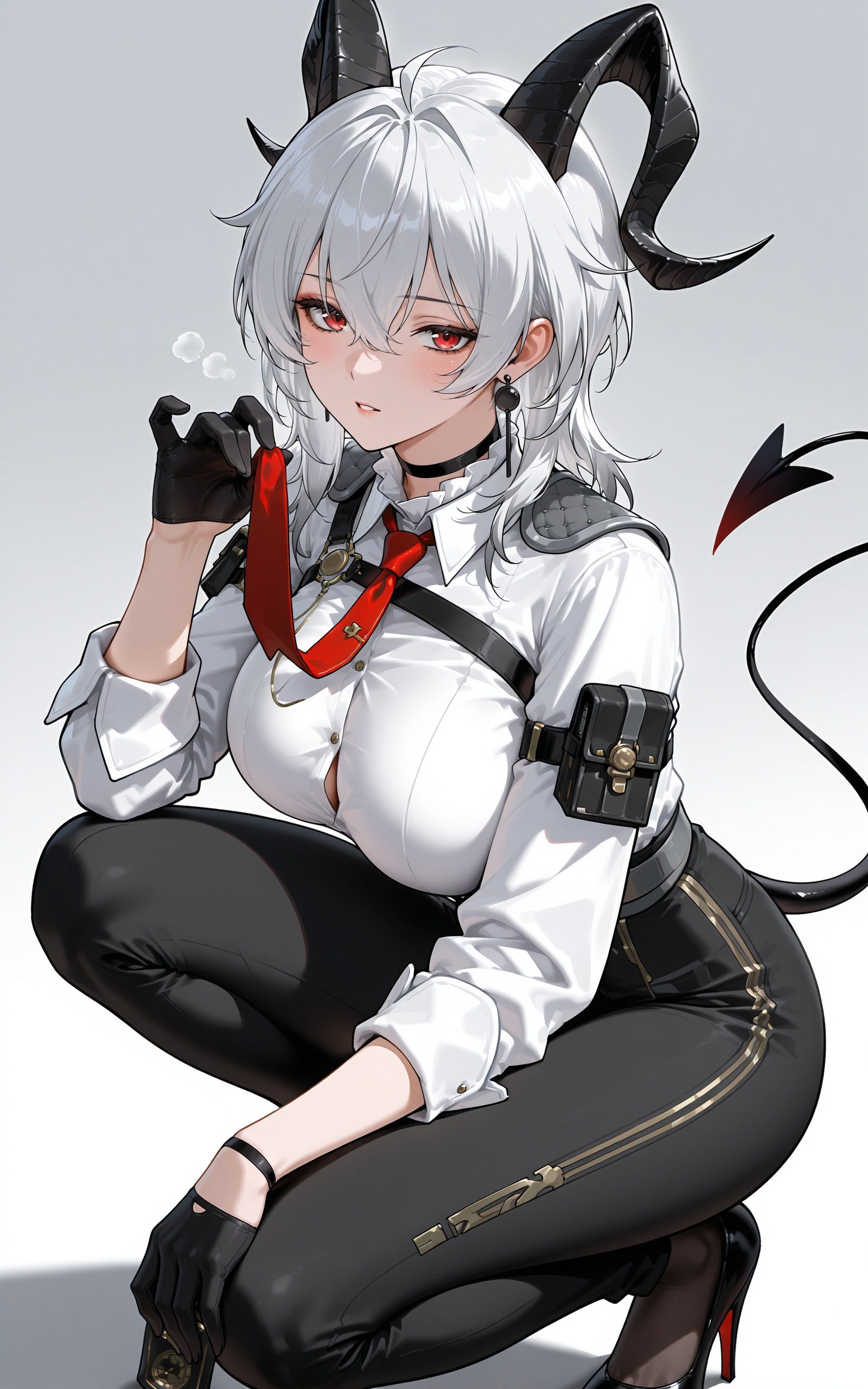 <lora:xl-ill-zani(wuthering waves)-v1-000010:0.8>,zani\(wuthering waves\),1girl,breasts,horns,high heels,solo,gloves,tail,black gloves,necktie,squatting,shirt,large breasts,red eyes,pants,black pants,white shirt,looking at viewer,red necktie,demon tail,black footwear,choker,blush,long sleeves,grey hair,collared shirt,earrings,hair between eyes,white hair,demon horns,black horns,half gloves,short hair,medium hair,parted lips,holding,