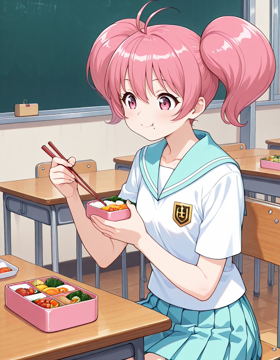 masterpiece, best quality, amazing quality, detailed background,1girl, solo, indoors, classroom, bento, holding chopsticks, table, smile, eating,<lora:megumi_minami-tantei_gakuen_q_s1-v2-ixl-anime-soralz:1>, megumi minami (tantei gakuen q), short hair, twintails, antenna hair, pink hair, hair between eyes, pink eyes,school uniform, white serafuku, aqua sailor collar, short sleeves, aqua pleated skirt,, <lora:StS-Illustrious-Detail-Slider-v1.0:3>