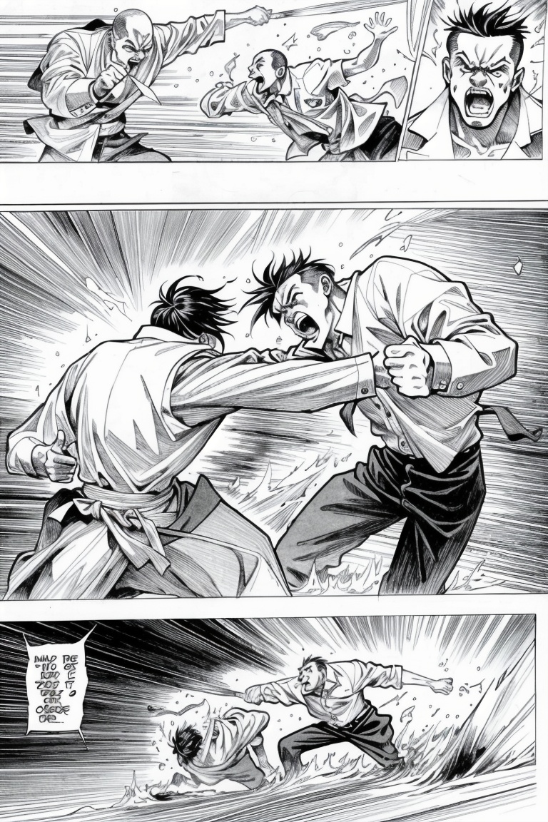 ((HRD, HUD, 8K)),((masterpiece, best quality)), highly detailed,Fight, monochrome, greyscale, multiple boys, punching, comic, 2boys, male focus, teeth, <lora:20240514-1715656820714:0.8>