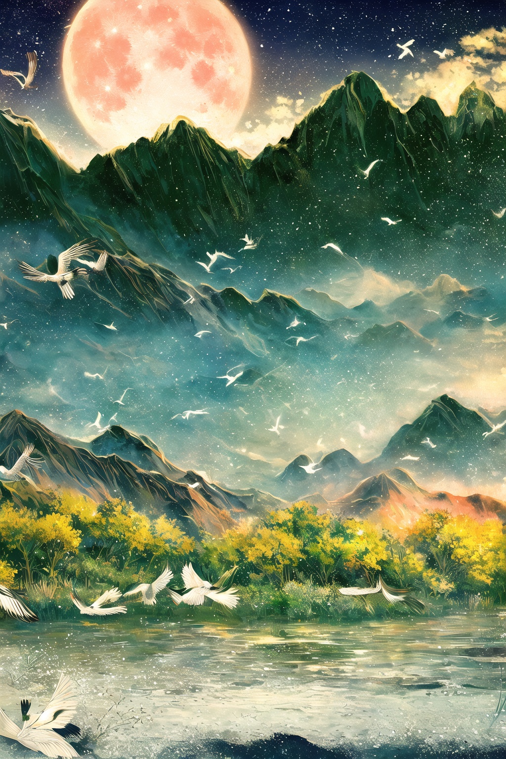 <lora:gilding_v1-000006:0.7>,gilding\\(style\\),bird,moon,mountain,red-crowned crane,scenery,