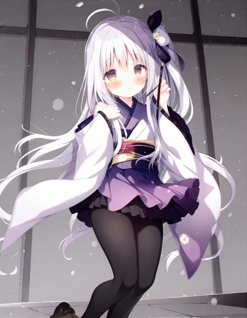 1girl,pantyhose,solo,white pantyhose,long hair,japanese clothes,long sleeves,holding,kimono,wide sleeves,blush,ahoge,bangs,very long hair,one side up,white hair,sash,skirt,pleated skirt,hair between eyes,frills,looking at viewer,obi,off shoulder,bare shoulders,purple eyes,white kimono,standing on one leg,black footwear,closed mouth,standing,grey eyes,holding paintbrush,frilled skirt,hand up,paintbrush,sleeves past wrists,parted lips,hair ribbon,feet out of frame,<lora:可爱画风v2-000010:0.8>,killer,