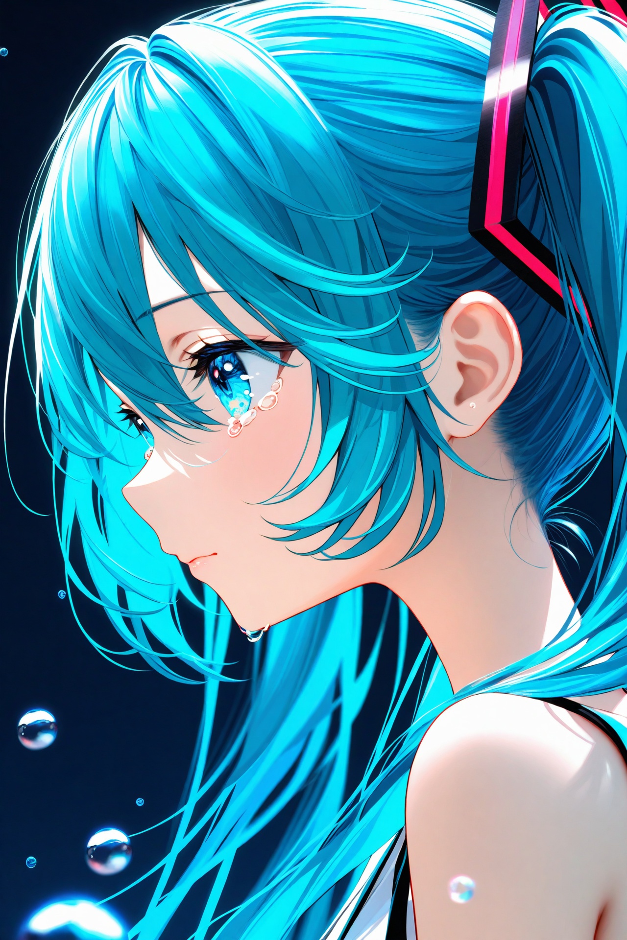 (masterpiece),(best quality),illustration,ultra detailed,hdr,Depth of field,(colorful),nai3 Style,1girl,solo,hatsune miku,long hair,twintails,tears,from side,profile,crying,bare shoulders,aqua eyes,bubble,portrait,blue hair,hair ornament,crying with eyes open,blurry,blue eyes,aqua hair,hair between eyes,water drop,closed mouth,sleeveless,upper body,