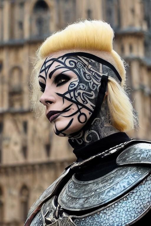 ((painting)) ((fantasy villain blond woman)) with a (tattooed face) wearing a (iron armour) in front of a ((medieval citys...