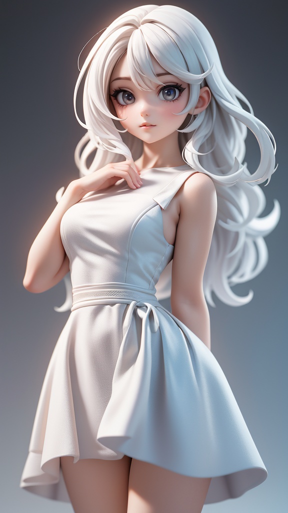 masterpiece, best quality, 32k uhd, hdr, dtm, 16K, cinematic lighting effects, super wide angle, (best fingers:1.2),1girl, standing, simple background, simple clothes, white dress, white hair, 