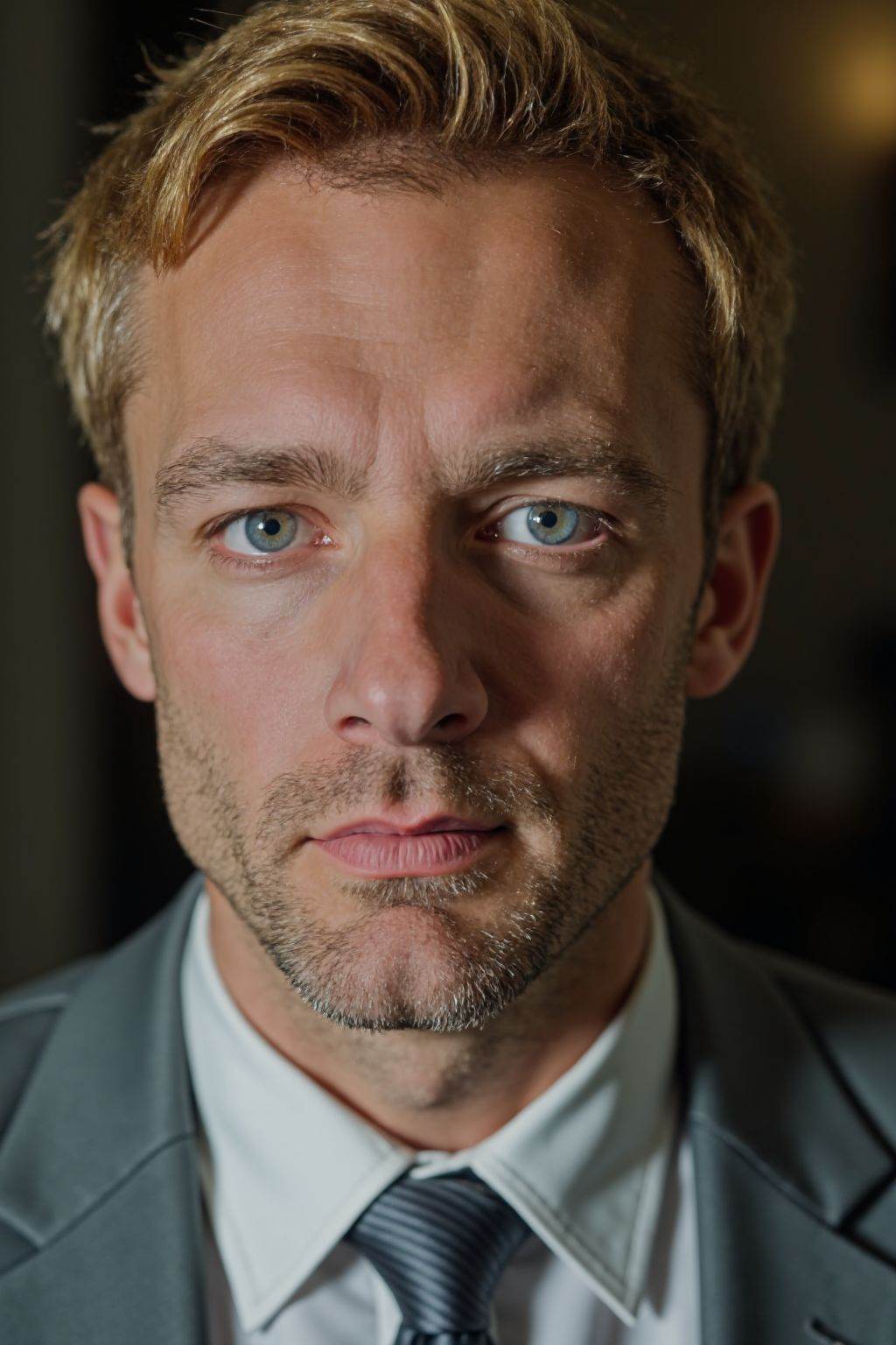 HDR photo of cinematic film still, This is a photo of a man with short blond hair. He is wearing a gray suit, with his mouth closed, looking at the viewer.