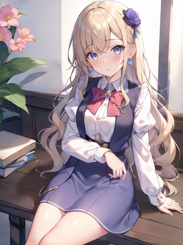 1girl,solo,long hair,looking at viewer,blue eyes,skirt,blonde hair,shirt,long sleeves,jewelry,sitting,closed mouth,white shirt,flower,earrings,puffy sleeves,lips,blue skirt,head tilt,grey eyes,wavy hair,blouse,pink flower,purple skirt,long skirt,meiren,, (masterpiece,best quality,ultra_detailed,highres,absurdres:1.2)
