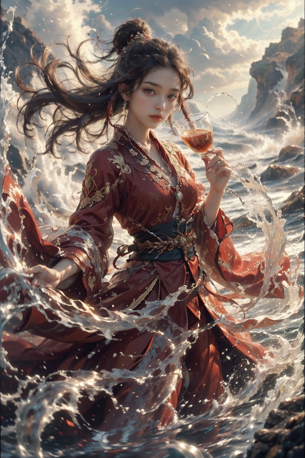 haifeisiv6,  anime,  a woman in a red dress is in the water on Tensor.Art