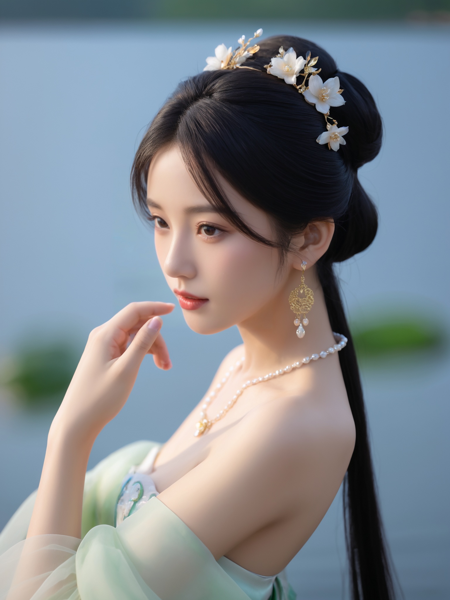 Textured skin,skin particles,masterpiece,best quality,8K,official art,ultra high res,1girl,chinese clothes,hanfu,jewelry,hair ornament,upper body,solo,earrings,flower ocean,remains,flower,black hair,necklace,teeth,hair bun,dress,parted lips,hair flower,((full body)),dress,hanfu,embroidery,exquisite,meticulous,(tulle:1.4),