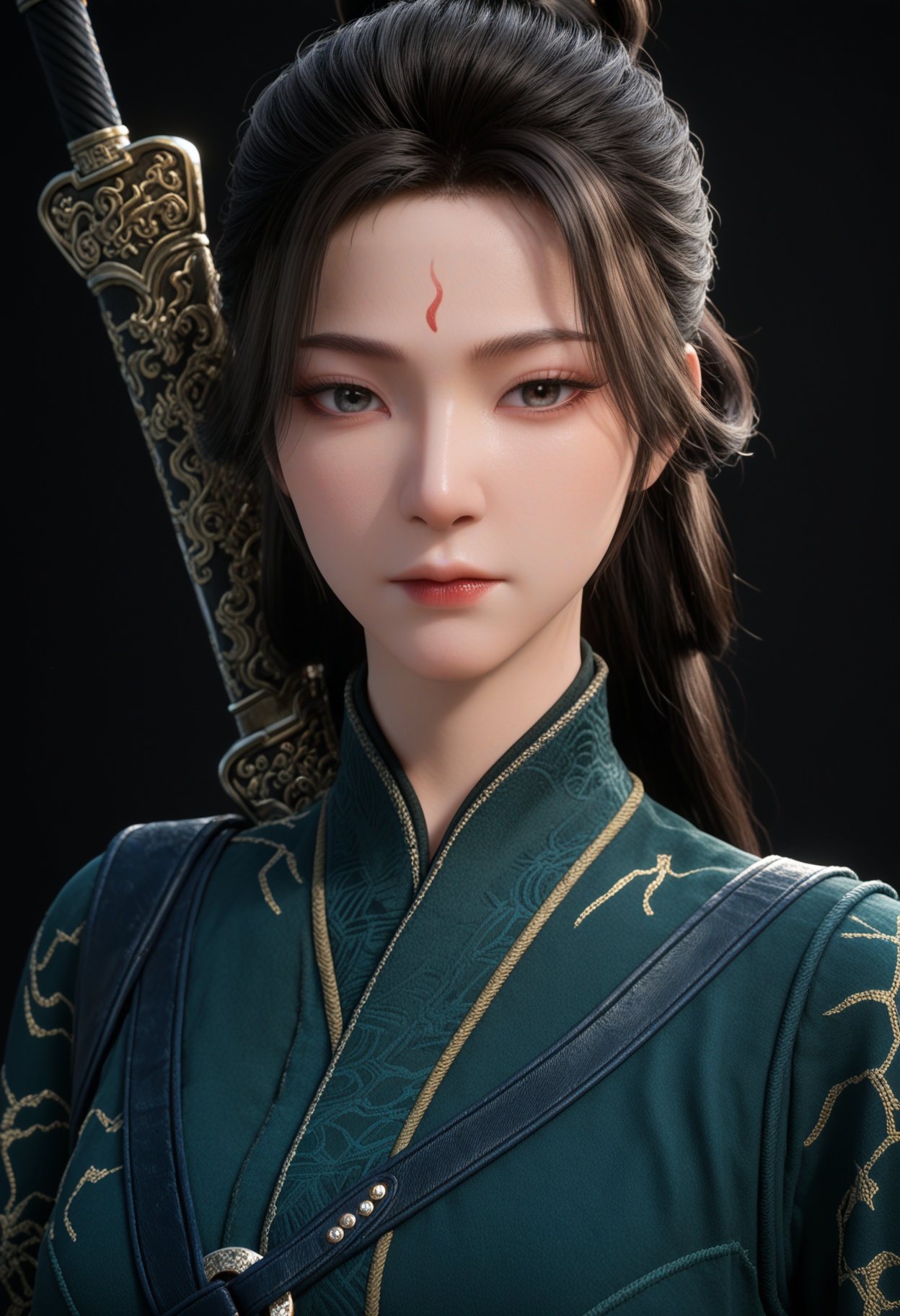 (upper_body:1.2),(score_9:1.2),(score_8_up:1.2),(top quality, 8k wallpaper:1.1),(masterpiece:1.1),(best quality:1.2),(intricate details),8k,1girl,facing viewer,(looking at viewer:1.1),<lora:YQ_pony_wentianren_shinv_V4:0.92:lbw=1,1,1,1,1,1,1,1,1,0.8,0.8,0.1>,q1528437228,1girl,solo,black hair,long hair,chinese clothes,forehead mark,weapon,sword,weapon on back,sword on back,long sleeves,hair bun,sword behind back,blue eyes,black eyes,boots,sheath,brown hair,jewelry,brown eyes,black footwear,hair rings,BREAK(score_9:1.2),(score_8_up:1.2),masterpiece,best quality,very aesthetic,perfect anatomy,(hourglass),perfect face,(simple background,pure black background,black background:1.1),fair_skin,(shiny_skin:1.1),Ivory_skin,