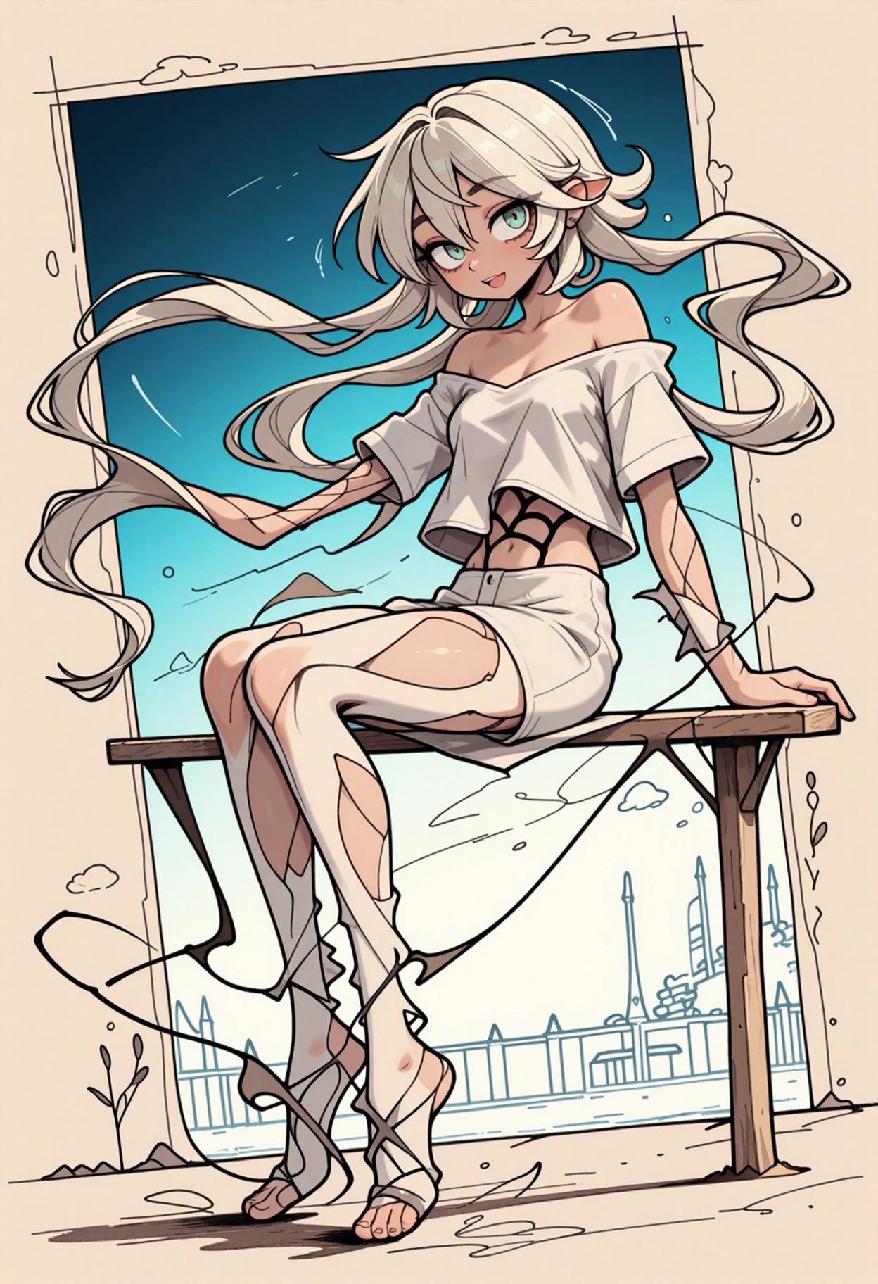 A whimsical,  full-body hand-drawn illustration of a slender character with elongated,  spindly limbs and a small on Tenso...