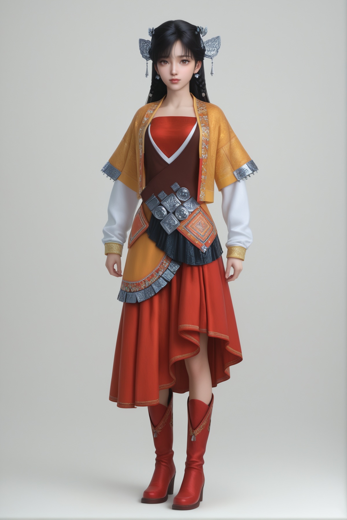 masterpiece,best quality,realistic,cinematic,detail eyes,(ultra-detailed),perfect composition,intricate details,absurdres,detailed face,high quality,high res,8K,<lora:X_tangxuejian_IL4.0:0.8>,black hair,brown eyes,1girl,long hair,breast,medium breast,hair_ornament,dress,red dress,yellow_dress,long sleeves,simple background,white_background,looking_at_viewer,earrings,red footwear,realistic,boots,