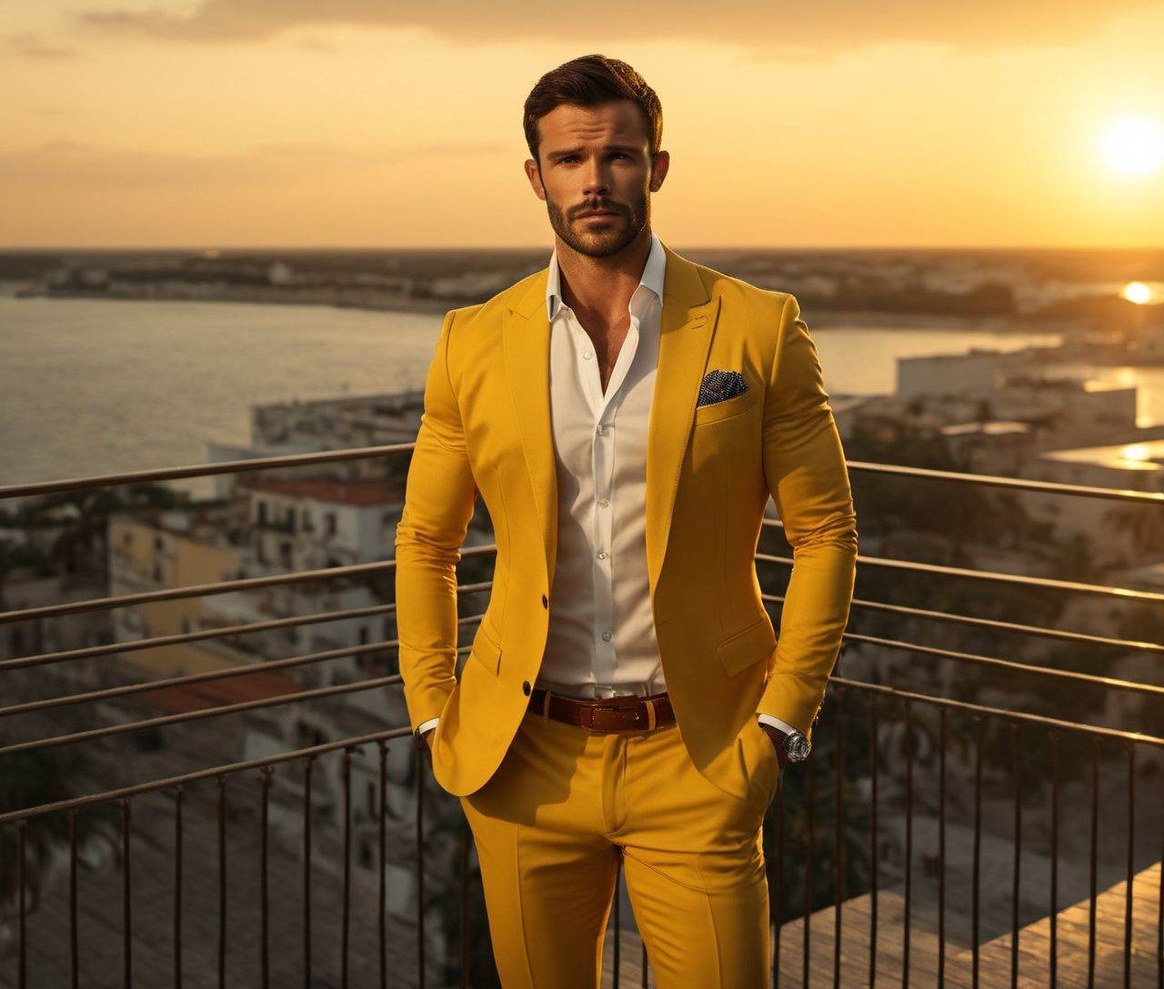 Nautical-themed of Charlie Weber a man in a yellow suit standing on a balcony,  handsome man,  attractive man on Tensor.Art