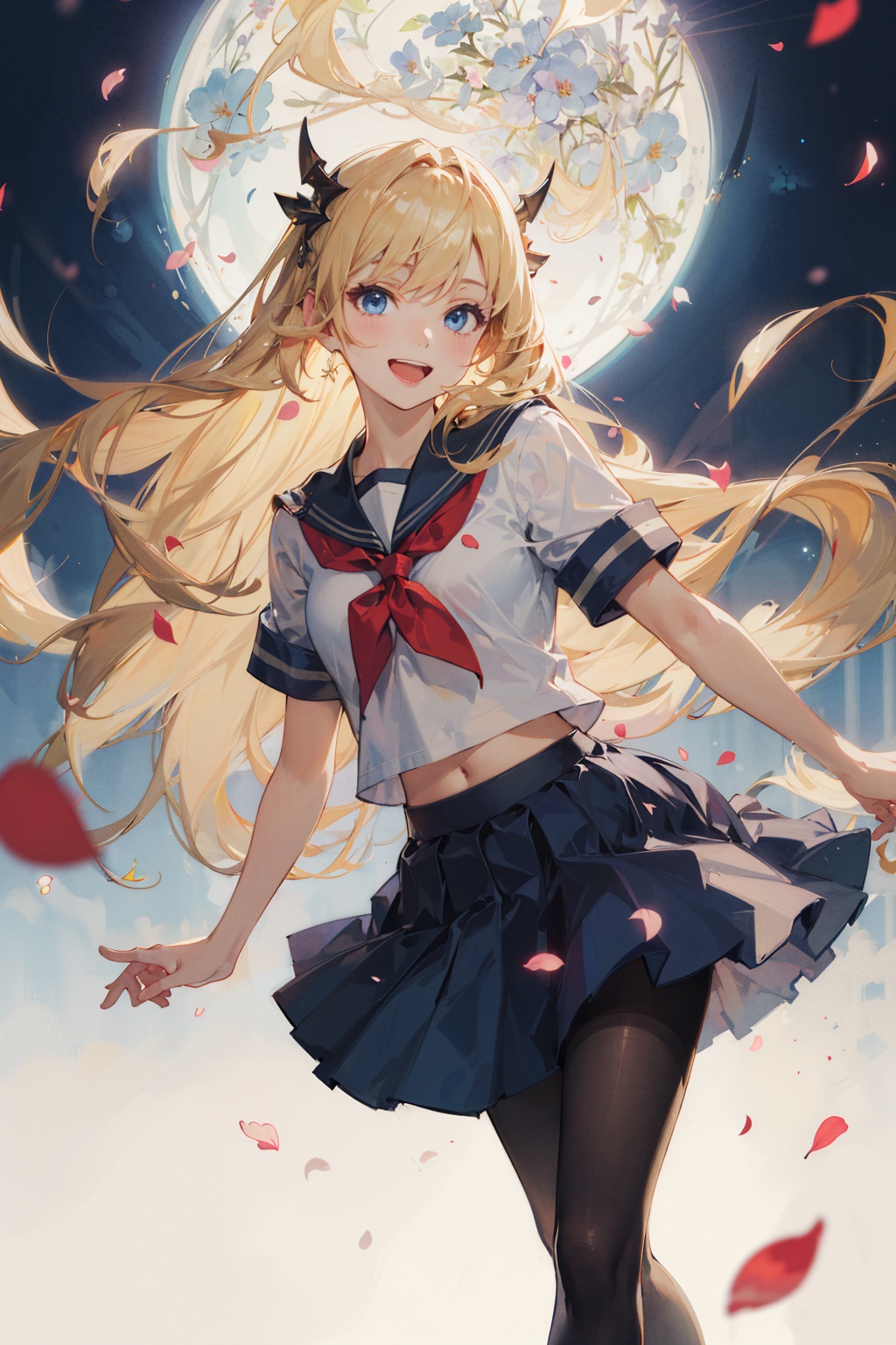 (best quality),((masterpiece)),(highres),illustration,original,extremely detailed,1girl,solo,pantyhose,long hair,solo,school uniform,blonde hairserafuku,skirt,black pantyhose,blue eyes,petals,hime cut,smile,open mouth,very long hair,