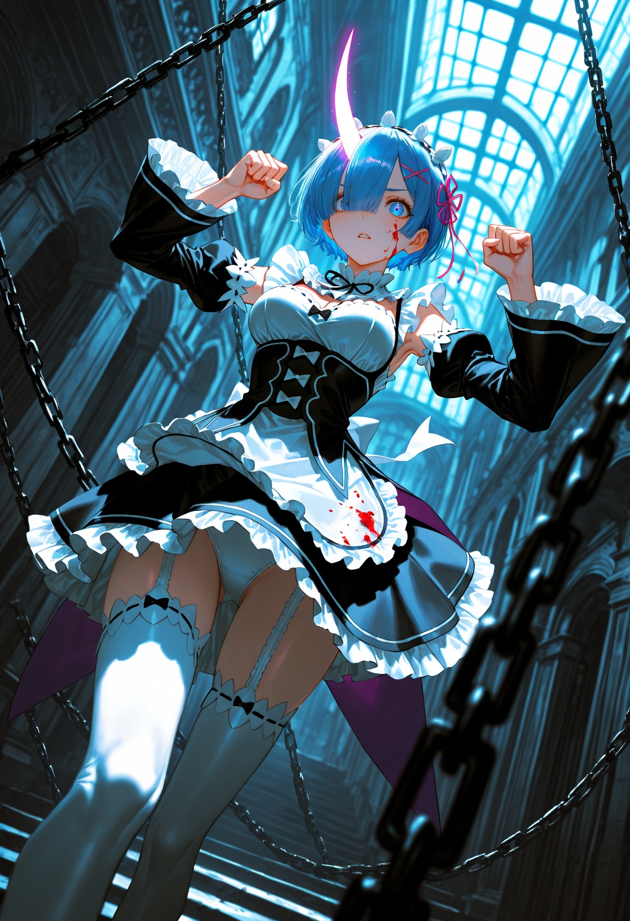 absurdres,newest,scenery,1 girl,solo girl,dynamic pose,fighting pose,wide shot,close up,from below,dutch angle,rem \(re:zero\),glowing horn,single horn,rem,blue eyes,blue hair,hair ornament,hair over one eye,hair ribbon,short hair,x hair ornament,(looking at viewer:1.1),angry,crazy face,(parted lips:1.1),(glowing horn:1.8),blood on face,apron,black bow,black dress,black ribbon,bow,detached sleeves,dress,frilled apron,frilled sleeves,frills,juliet sleeves,long sleeves,maid,neck ribbon,puffy sleeves,ribbon,roswaal mansion maid uniform,thighhighs,two-tone dress,waist apron,white bow,white dress,white thighhighs,blood on clothes,morningstar on chain,white panties,masterpiece,best quality,amazing quality,very aesthetic,absurdres,newest,scenery,volumetric lighting,(artist:quasarcake:0.8),extreme aesthetic,(wlop:0.6),honjou honjou raita,lack,rella,wanke,raita,lack,rella,wanke,masterpiece,best quality,good quality,newest,year 2024,year 2023,very aesthetic,absurdres,Visual impact,A shot with tension,ultra-high resolution,32K UHD,sharp focus,best-quality,masterpiece,Emotionalization,unconventional supreme masterpiece,masterful details,temperate atmosphere,with a high-end texture,in the style of fashion photography,(Visual impact:1.2),giving the poster a dynamic and visually striking appearance,impactful picture,masterpiece,best quality,absurdres,newest,very aesthetic,amazing quality,highres,sensitive,masterpiece,best quality,amazing quality,depth of field,lazypos,lazyup,high detail,subtle,high contrast,colorful depth,chiaroscuro,impasto,(shallow depth of field:1.4),(foreshortening:1.4),ultra-detailed,sharp focus,ray tracing,best lighting,detailed illustration,detailed background,cinematic,beautiful face,beautiful eyes,ambient occlusion,raytracing,soft lighting,absolutely eye-catching,intricate cinematic background,dutch angle,dynamic angle,
