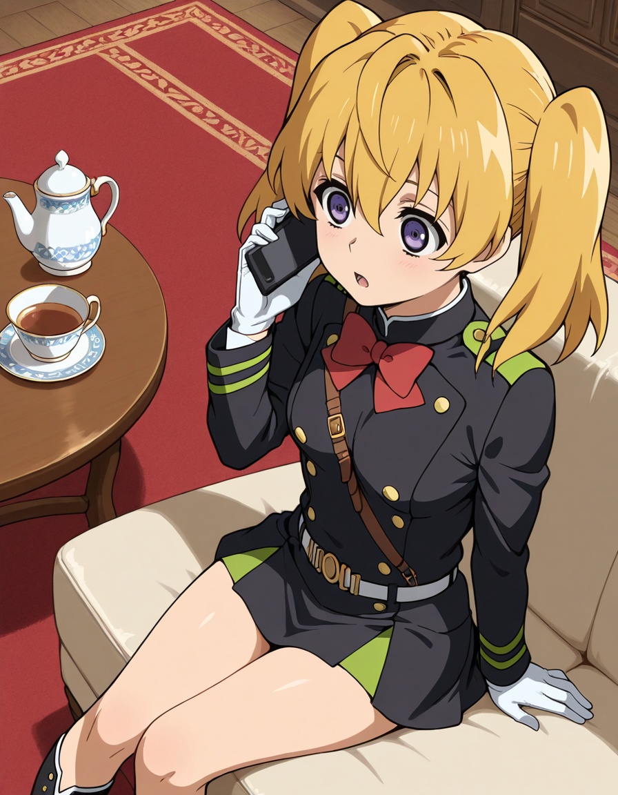 masterpiece, best quality, amazing quality,1girl, solo, sitting on sofa, talking on phone, table, carpet, looking at phone, from above, teacup,<lora:mitsuba_sanguu-owari_no_seraph_s2-ixl-anime-soralz:1>, mitsuba sanguu (owari no seraph), long hair, blonde hair, twintails, hair between eyes, purple eyes, open mouth,military uniform, brown belt, double-breasted, red bowtie, long sleeves, white gloves, white belt, belt buckle, layered skirt