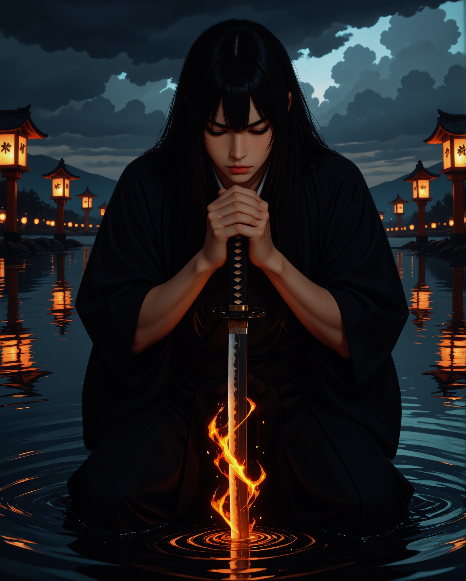 A digital illustration shoot from a front camera angle about a samurai kneeling in water,  holding a katana,  with a glowi...