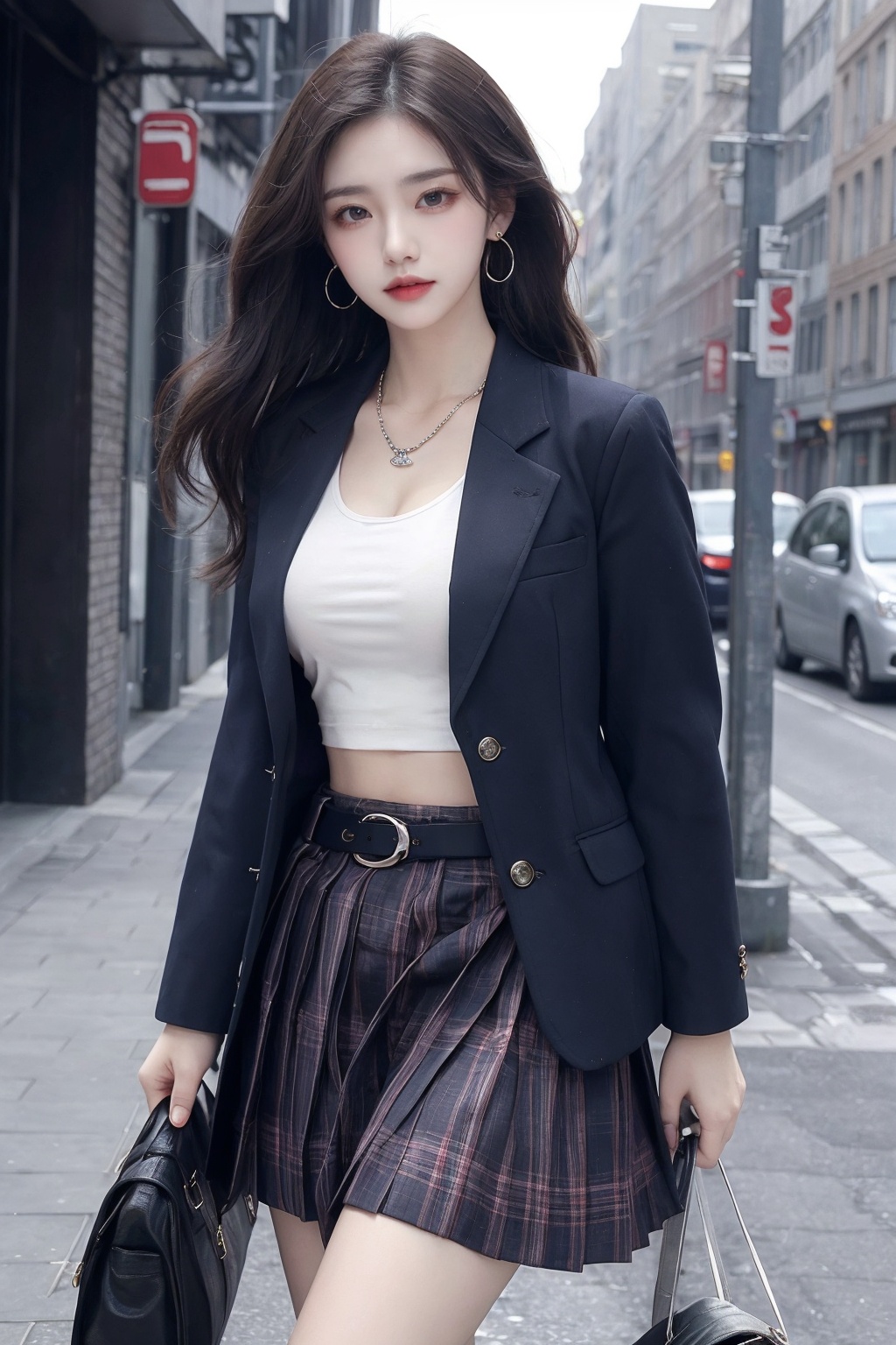 1girl, belt, bracelet, braid, breasts, earrings, jacket, jewelry, long hair, looking at viewer, midriff, nail polish, necklace, open clothes, plaid, plaid skirt, ring, skirt, solo  <lora:jk美女:0.66>