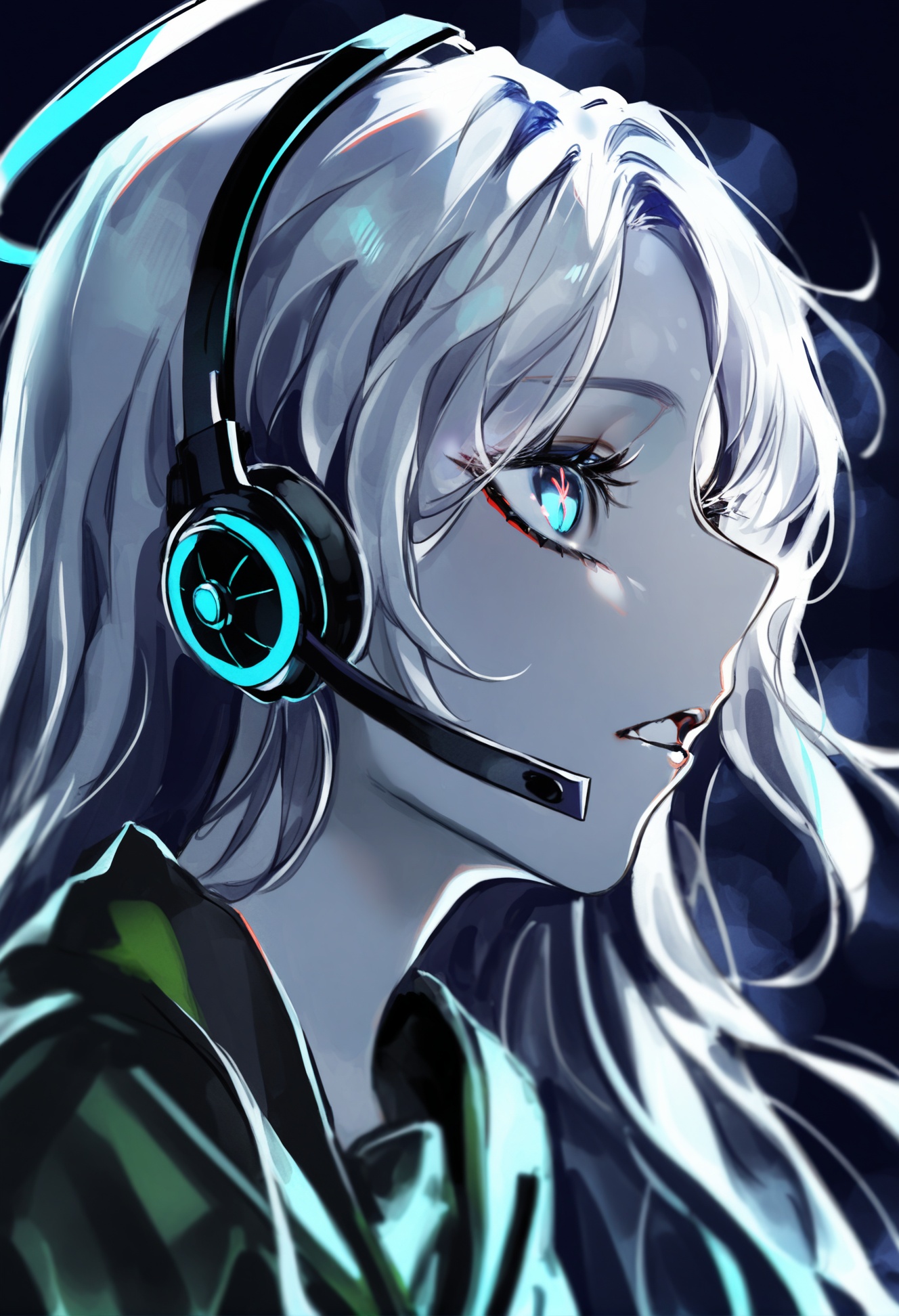 masterpiece, best quality,1girl,   solo, white hair, parted lips, blue eyes, black background, portrait, bangs, long hair, simple background, pale skin, eyelashes, headset, head tilt, nose, lips, looking ahead, bright pupils, teeth, dark background, eyebrows, wavy hair, spot color, halo, messy hair, close-up, looking away, sideways, white pupils, nostrils, very long hair, raised eyebrows, forehead <lora:COCOballXLlokr8f-000123:0.95>
