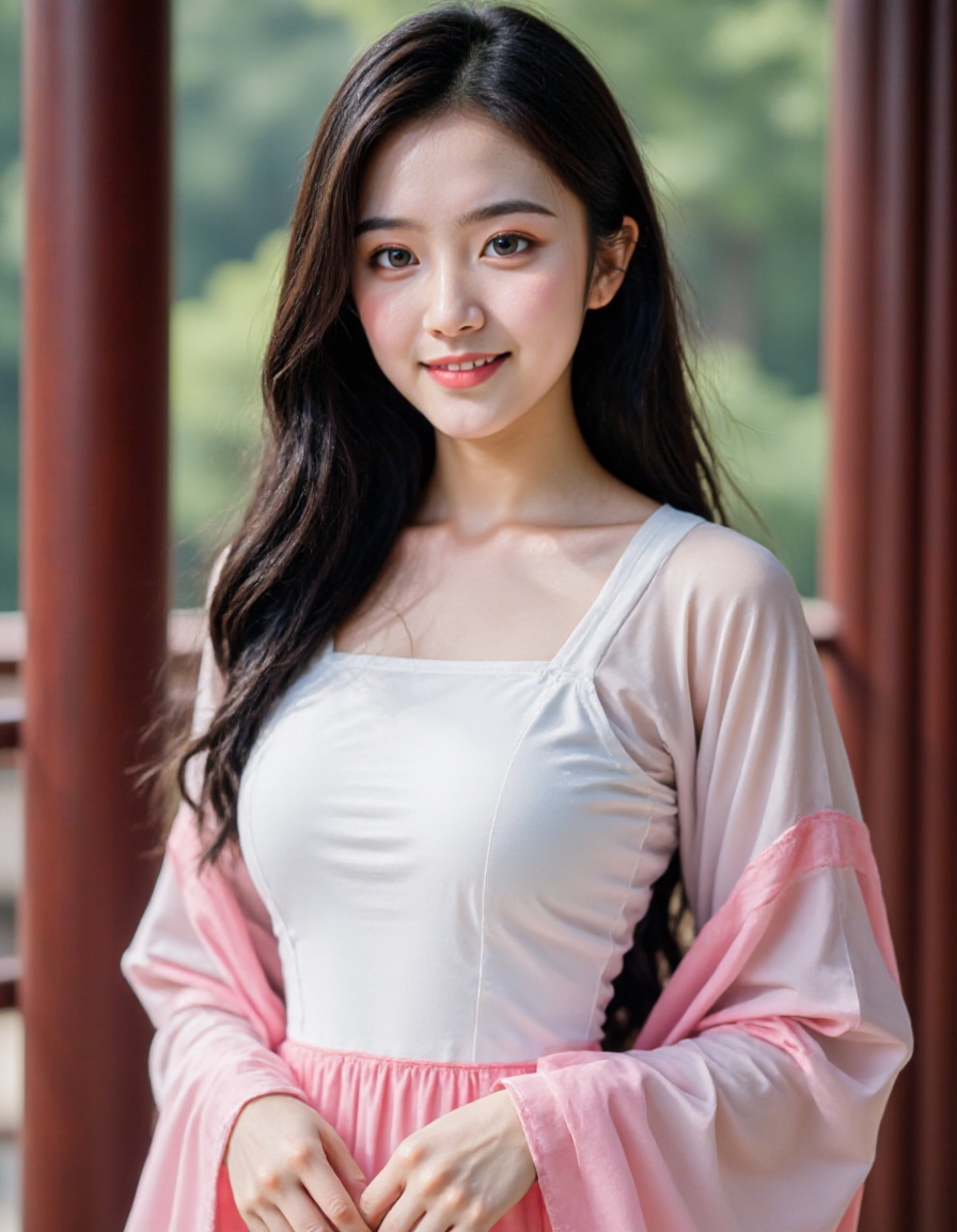HDR photo of cinematic film still,This is a beautiful photograph of a woman,black hair cascading over her shoulders,She is wearing a boatneck white and pink chinese dress,Standing,Looking at the viewer. Smile,