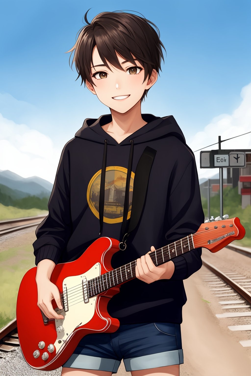 hoodie, shorts, very short hair, evil smile, 1boy, guitar, railroad crossing, 