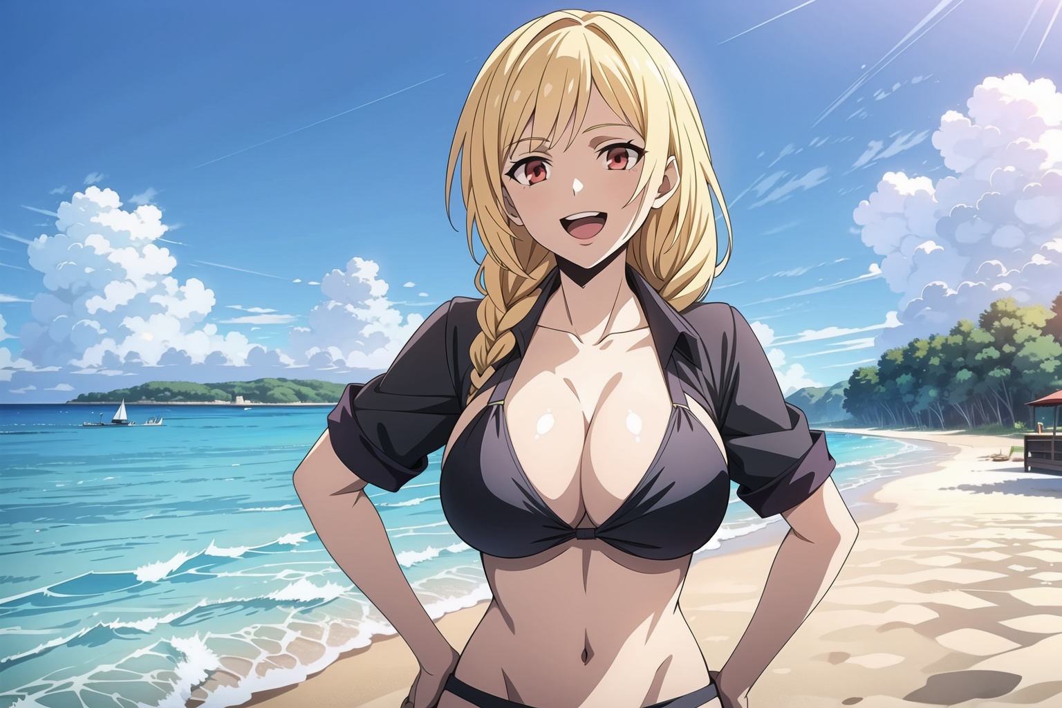 masterpiece,best quality,(beach),sky,1girl,blonde hair, braid, long hair,single braid,red eyes, solo,((black bikini)),(huge breasts),short sleeves,(smile),open mouth,looking at viewer,hands on hips, <lora:sailika:0.6>, <lora:add_detail:0.5>, <lora:nijipretty_20230624235607:0.3>