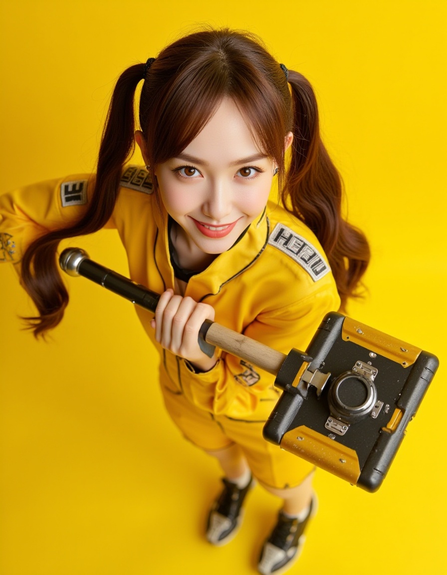 Masterpiece, Top quality, beautiful Korean woman, doll-like face, clean skin, neat honey-brown twintails, bright challenging grin, school jersey-style power suit, armored panels, active pose, giant high-tech warhammer, resting on shoulder, intensely saturated monochromatic citrine-yellow background, POV, high angle, face-focused close-up, looking up at viewer, massive warhammer head, visible behind her, framing face
