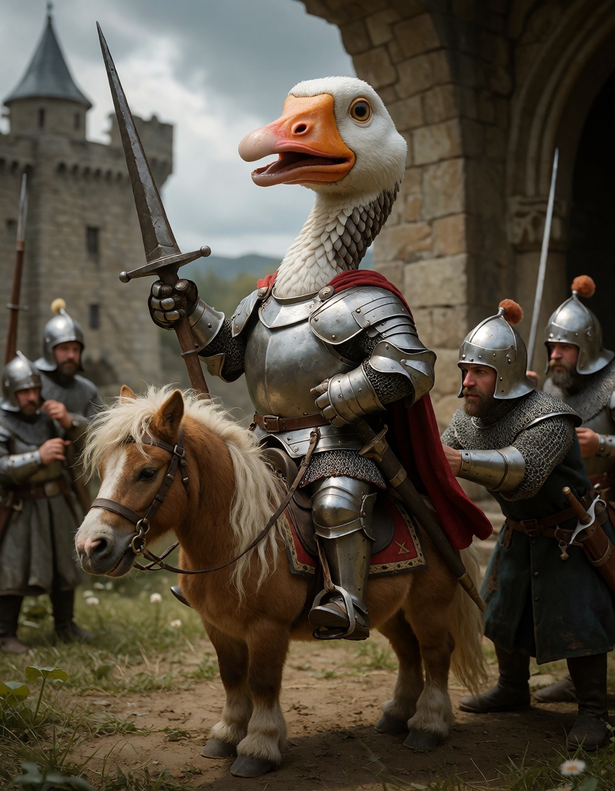Photorealistic fantasy-comedy image,  a proud goose in full medieval knight armor sits astride a tiny pony in the courtyar...