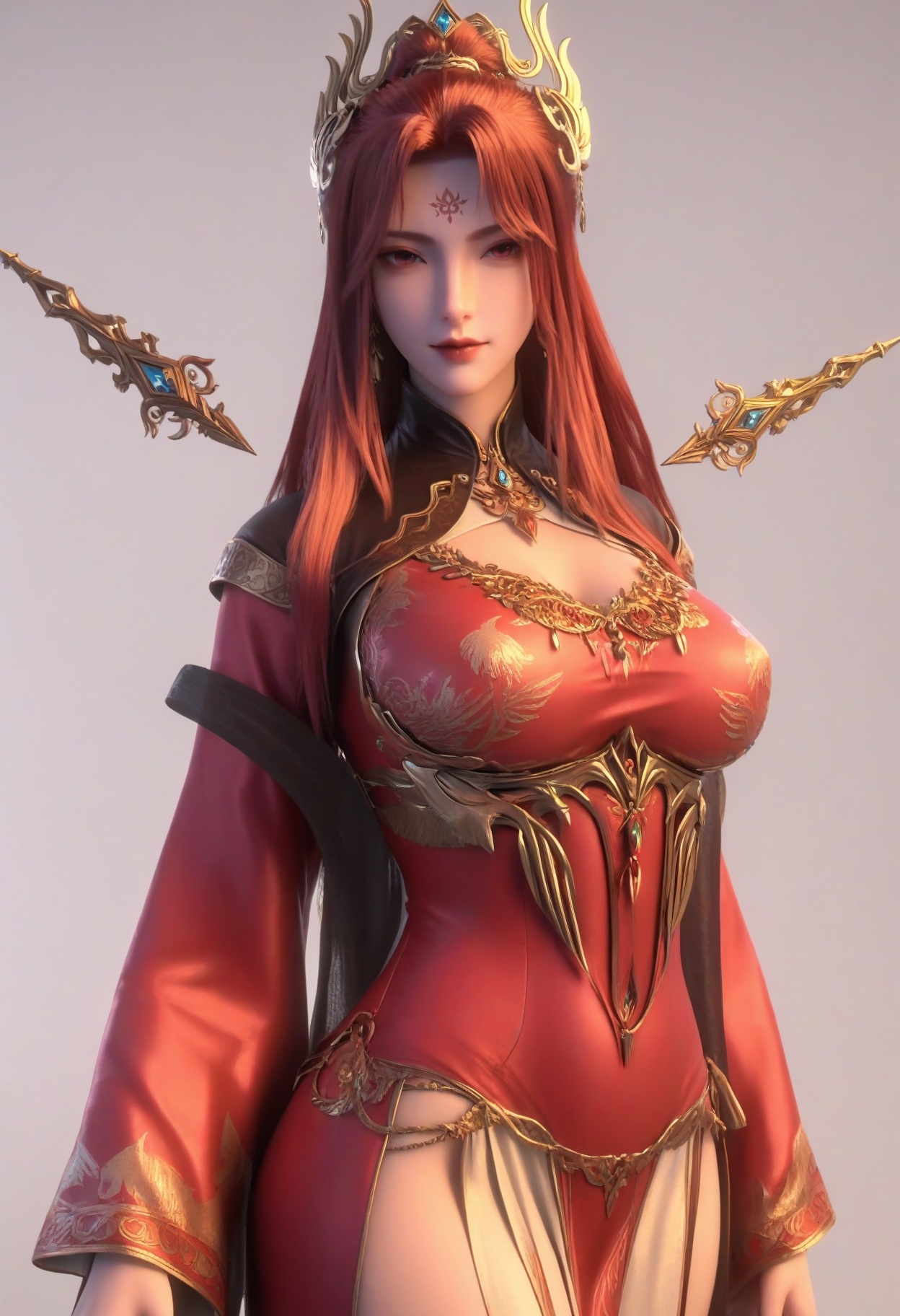 score_9,<lora:SF_FeiYueNvDi_Pony_Realism2.3-000003:0.7>,1girl,solo,red dress,bangs,jewelry,facial mark,forehead mark,red hair,large breasts,standing,tassel,long hair,fair_skin,white_skin,Ivory_skin,looking at viewer,white background,