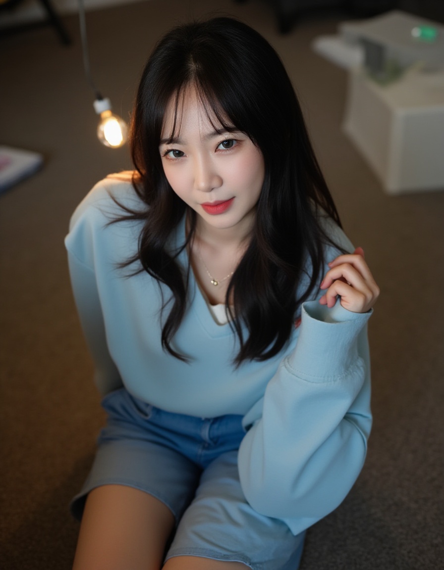 a young Asian woman with long dark hair,wearing a light blue long-sleeved t-shirt and blue shorts,is seated on a brown carpeted floor. Her left hand is draped over her right shoulder,adding a touch of color to the scene. The woman's eyes are a piercing blue,and her lips are a pinkish-pink. Her hair is cascading down her shoulders,framing her face. A light bulb is emitting from the top of her head,casting a shadow on the left side of the image.,