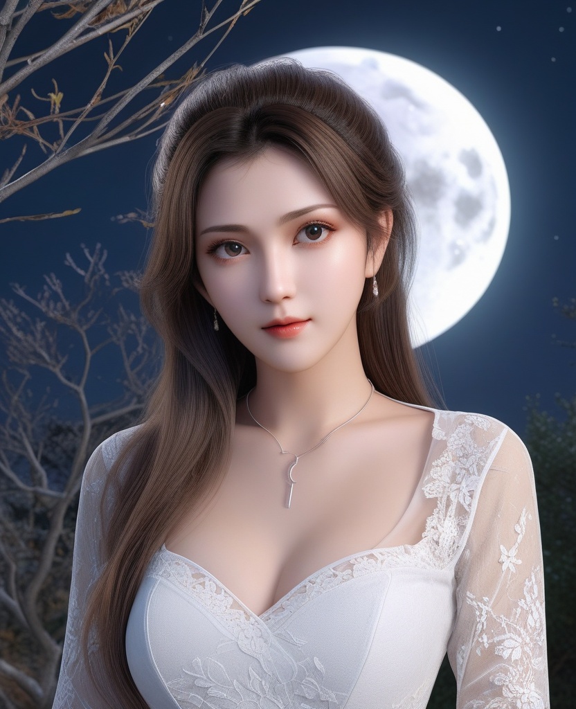 <lora:577-DA-XL-斗破苍穹-云韵-黑服:0.8>(,1girl, ,best quality, ),looking at viewer,  ,ultra detailed background,ultra detailed background,ultra realistic 8k cg, ,masterpiece, (( , )),, ,fiction,mole,,      ,(cleavage), (),  ,see-through, lace, (((, solo, moon, , bare_tree, )))(cleavage),