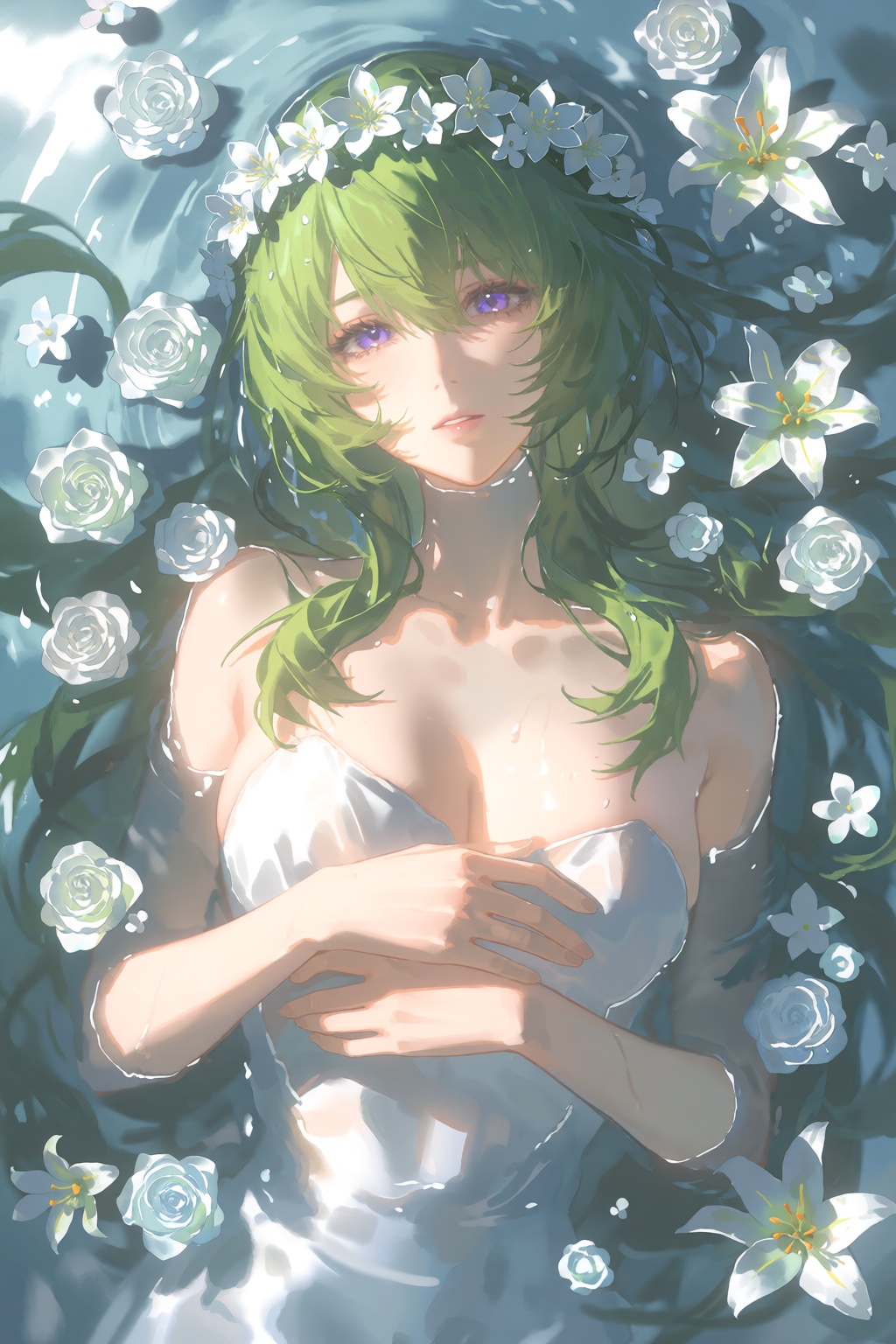 A woman with very long wavy long green hair and sidelocks and purple eyes lies on her back in water wearing a strapless wh...