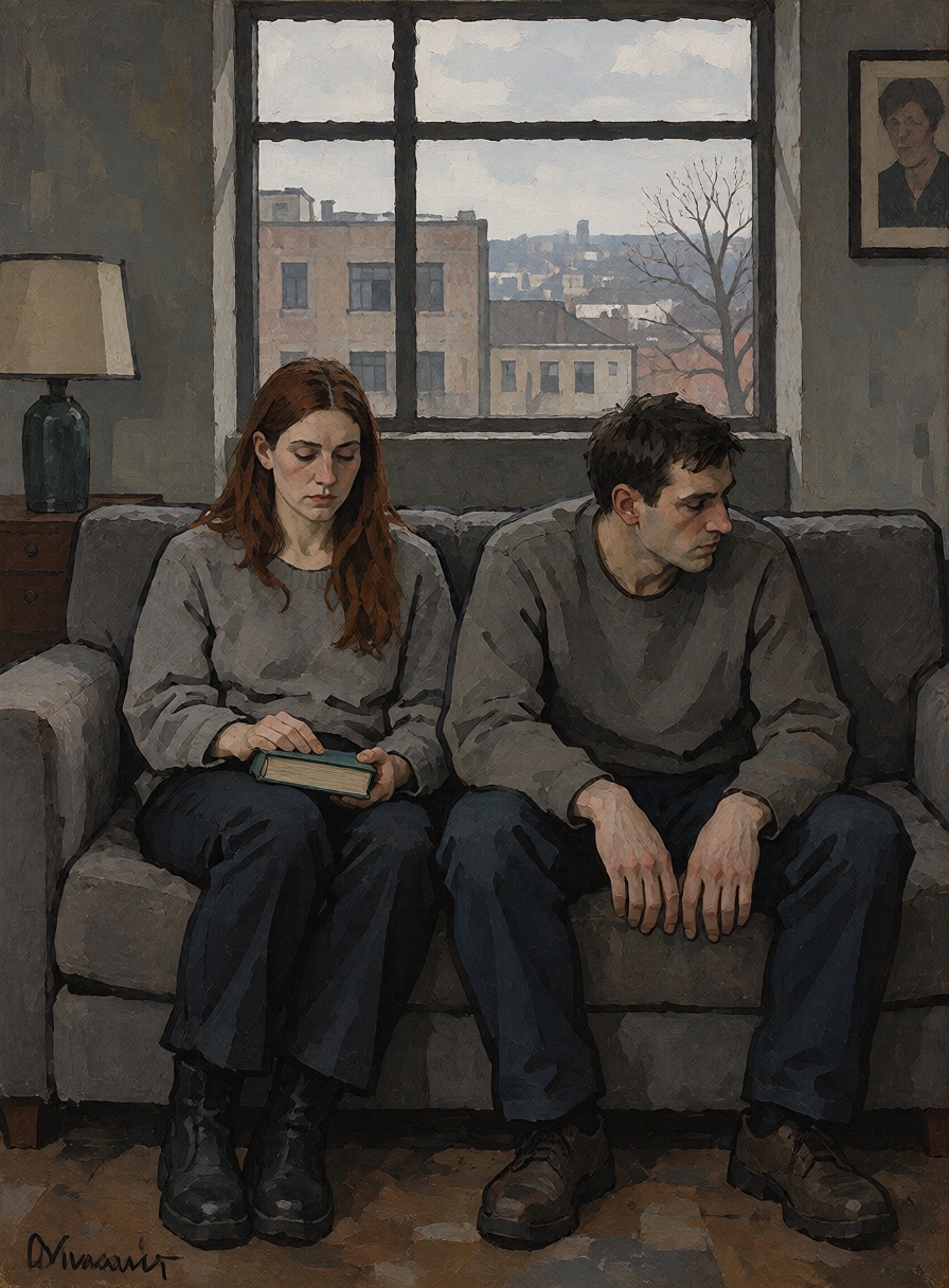 A young couple sitting together on a worn sofa in a modest apartment,  neither speaking nor looking at the other,  the wom...