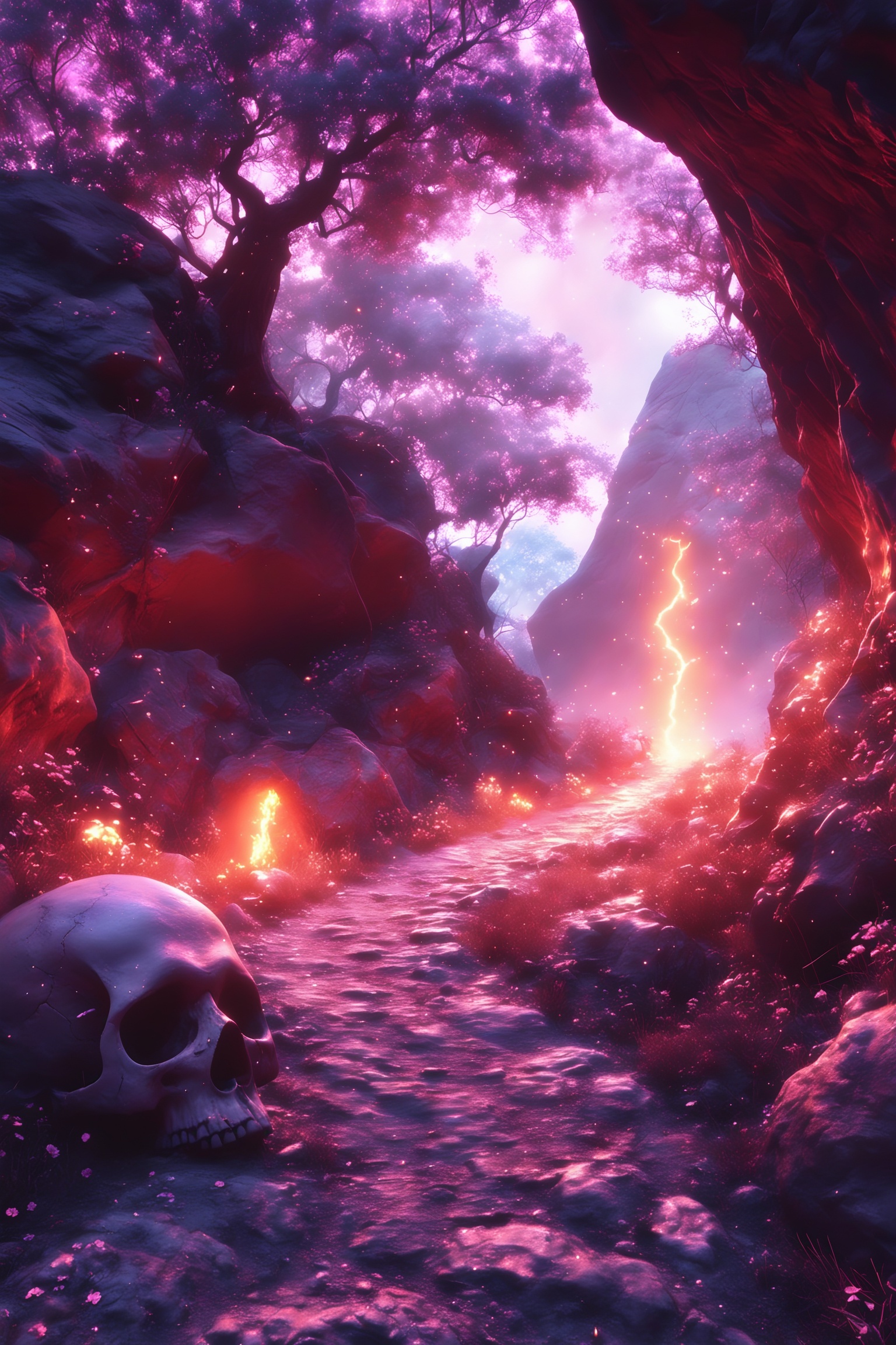 mojie,The image depicts a mystical forest scene with a winding stone path leading into the distance. The atmosphere is ethereal,with glowing particles floating in the air and soft,pinkish light illuminating the scene. On the left side of the path,there is a prominent glowing skull,which appears to be emitting a warm,orange light. The surrounding area is filled with rocks,trees,and vibrant flowers,creating a surreal and enchanting environment. The overall mood is mysterious and magical,inviting the viewer to explore further into the enchanted forest.,