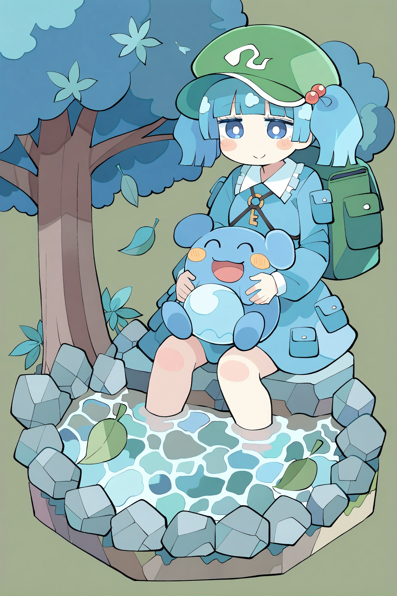 loli,(masterpiece,best quality,highres,absurdres,best quality,amazing quality,very aesthetic,absurdres),kawashiro nitori, 1girl, pokemon (creature), green headwear, blue eyes, smile, hat, blue hair, bag, water, backpack, leaf, tree, sitting, skirt, two side up, blunt bangs, hair bobbles, simple background, hair ornament, short hair, rock, blue shirt, crossover, closed eyes, flat cap, blue skirt, closed mouth, blush stickers, long sleeves, bright pupils, open mouth, twintails, shirt, white pupils