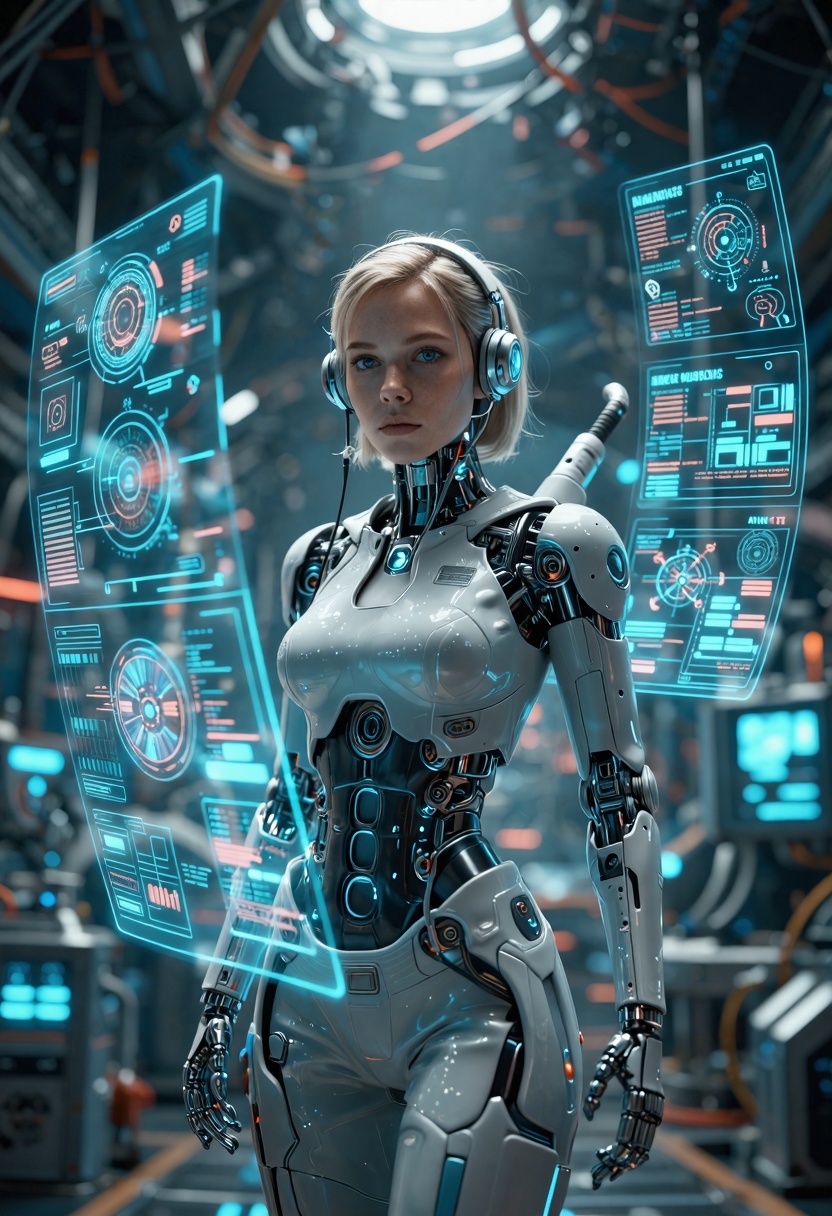 masterpiece,  female cybernetic engineer inside a massive orbital station,  holographic interfaces on Tensor.Art