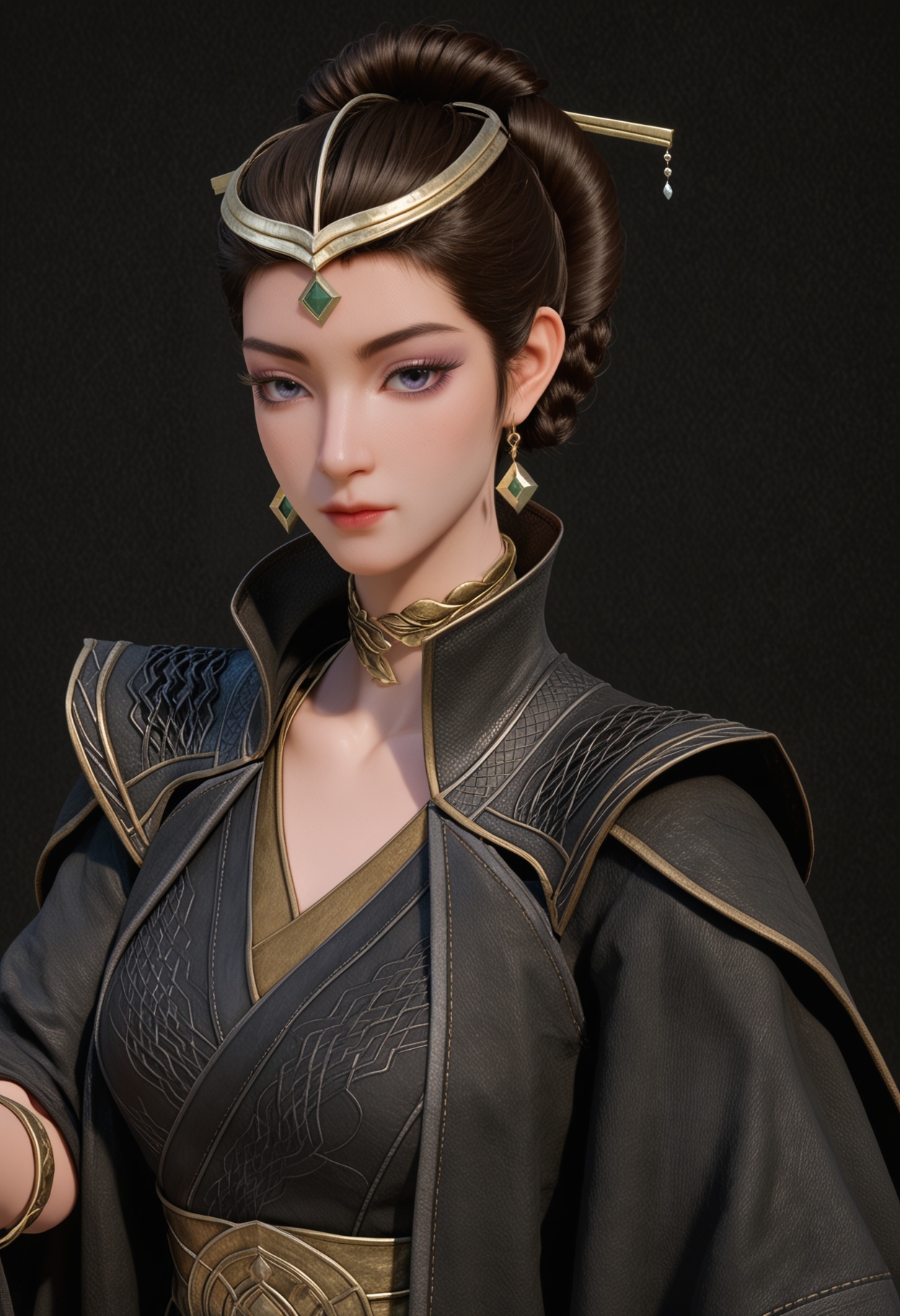 (cowboy shot:1.2),score_9,score_8_up,masterpiece,(best quality),intricate details,facing viewer,(looking at viewer:1.1),<lora:YQ_pony_wenfuren_V4:0.8>,q1528437228,1girl,jewelry,solo,earrings,black hair,hair ornament,bracelet,brown hair,blue eyes,updo,braid,circlet,long hair,hair bun,wide sleeves,cape,eyeshadow,purple eyes,dress,necklace,gem,grey eyes,robe,short hair,single hair bun,tiara,chinese clothes,hair stick,black dress,BREAK(score_9:1.2),(score_8_up:1.2),masterpiece,best quality,very aesthetic,perfect anatomy,(hourglass),perfect face,(simple background,pure black background,black background:1.1),fair_skin,(shiny_skin:1.1),Ivory_skin,