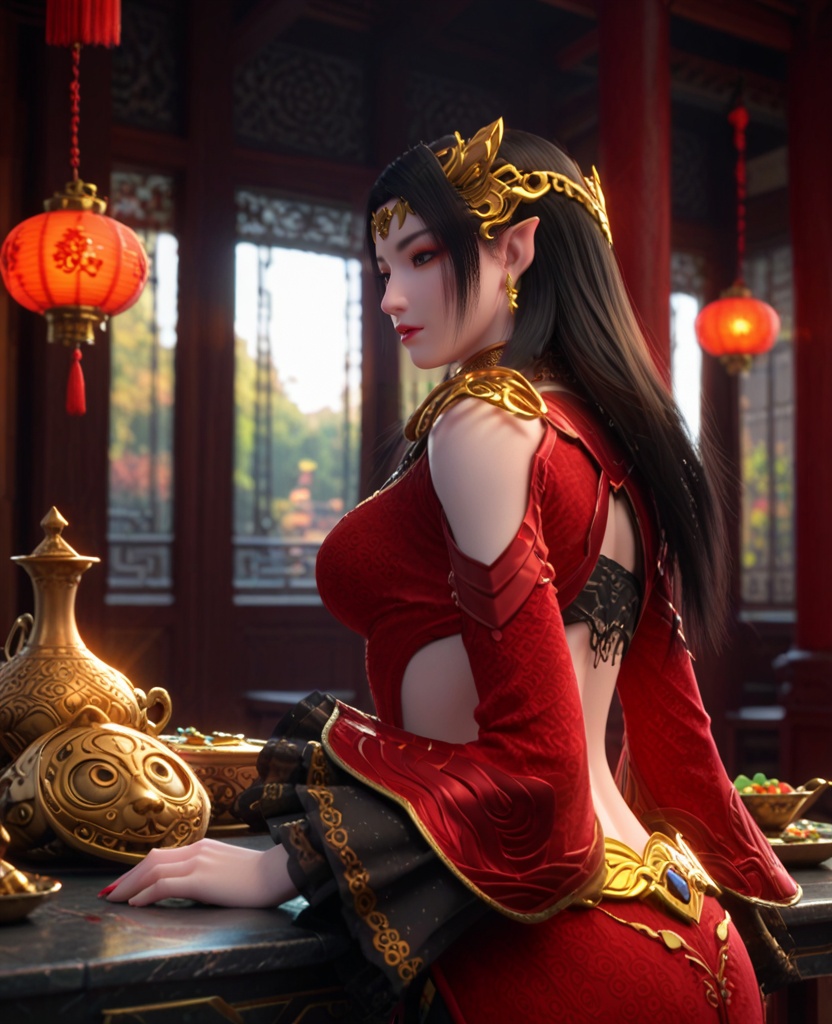 (oriental architecture, elegant decor, sophisticated style:1.1),(rest her head and arms on the table:1.1),(breasts:1.2),<lora:XL斗破苍穹美杜莎:0.95>,miss meidusha,lace corset bra paired with red long sleeved slit dress,red long sleeved slit dress,shoulder cutout,double cuffs,black hair,circlet,pointy ears,earrings,shoulder armor,belt,back cutout,lace inner overskirt,long hair,necklace,, score_9,score_8_up,score_7_up,score_6_up,score_5_up,score_4_up,3d rendering,tag1,tag2, Cinematic Lighting,backlighting,
