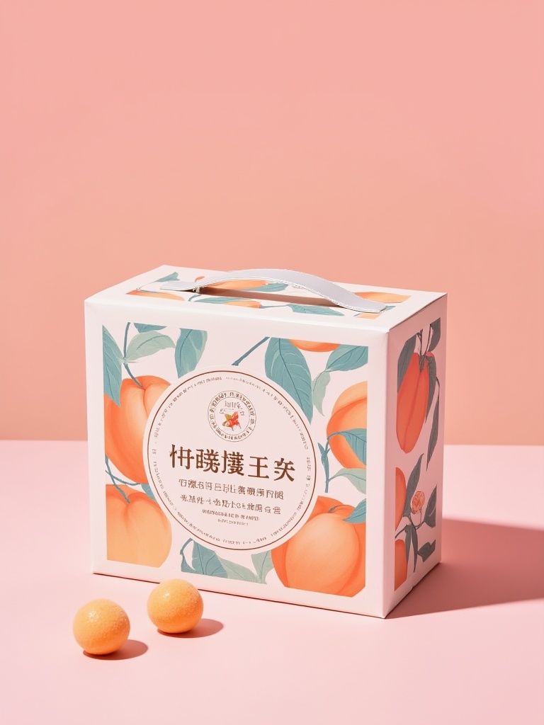 sz,a rectangular box featuring a peach and leaf pattern. The box, predominantly white with peach and teal accents, has a silver handle and a circular label with Chinese text and the brand name "Oriental Muffin." Two peach candies sit in front of the box on a soft pink surface.<lora:S-T-包装设计_S1.6:1>