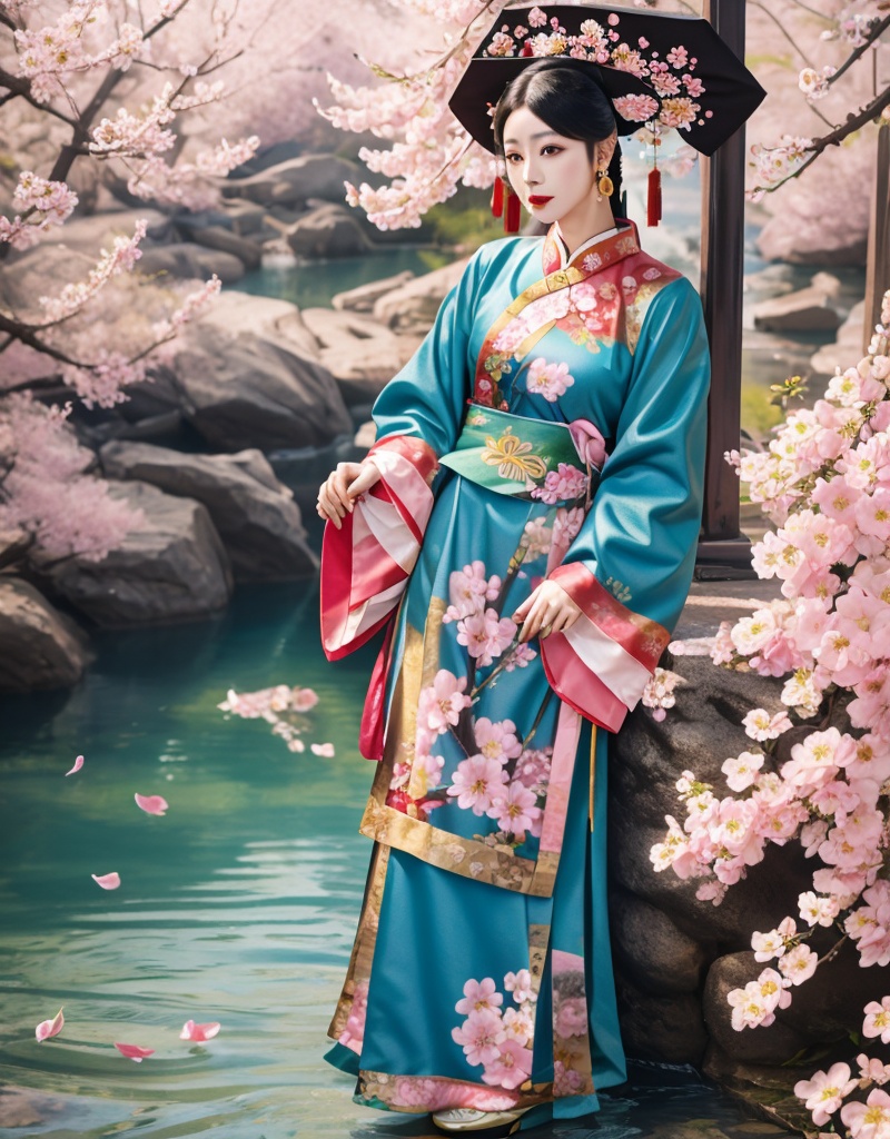 1girl,solo,flower,chinese clothes,jewelry,earrings,holding,hand fan,full body,hair ornament,long sleeves,petals,holding fan,black hair,cherry blossoms,standing,hair flower,pink flower,dress,blurry,red lips,wide sleeves,floral print,hanfu,hat,looking at viewer,lips,updo,realistic,outdoors,animal print,day,shadow,<lora:qing dynasty1:0.8>,<lora:手指u:1>,masterpiece,best quality,8k,insane details,intricate details,hyperdetailed,hyper quality,high,