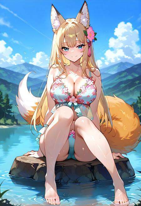 score_9, score_8_up, score_7_up, score_6_up, source anime, feet, kazekirifoxgirl,, fox tail, animal ears, fox ears, animal ear fluff, a photo of a woman wearing japanese floral lingerie, hair ornament, hair flower, wide shot, on lake shore, Japanese countryside , mountains in background , ((4k,8k,Ultra HD)),((Masterpiece :1.2)),((Best quality :1.2)),((Detailed :1.5)),((Detailed background :1.5))