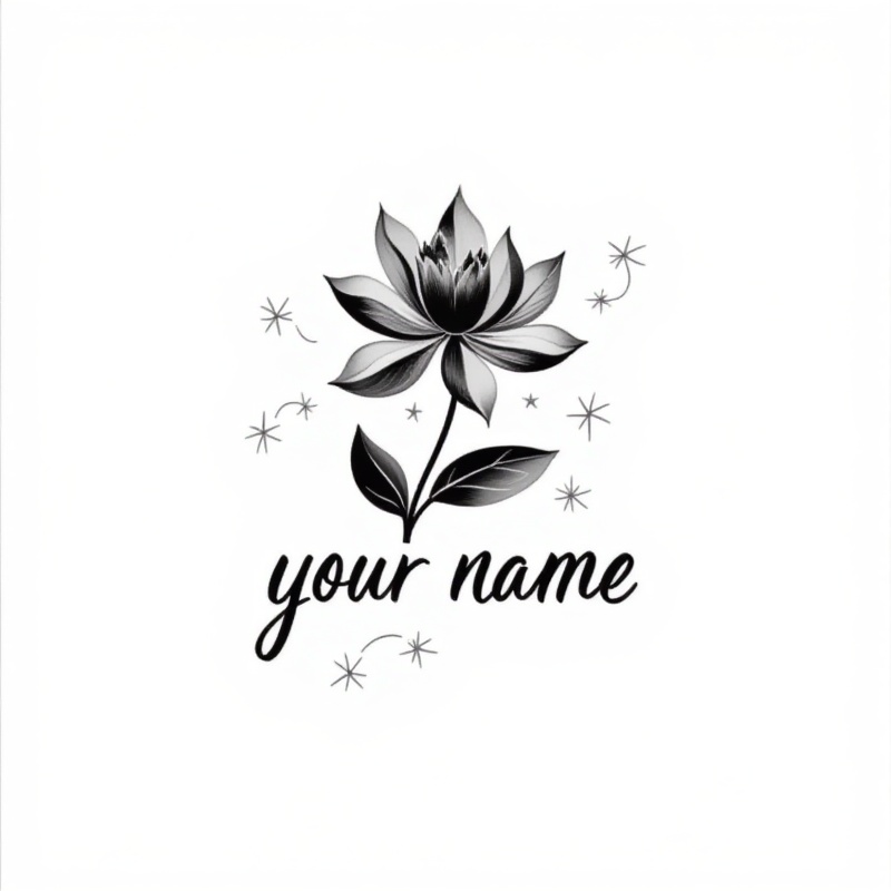 logo, black "your name" text, flower, no humans, simple background, english text, sparkle, still life, leaf, artist name, monochrome, bouquet<lora:印纹(1):1>,