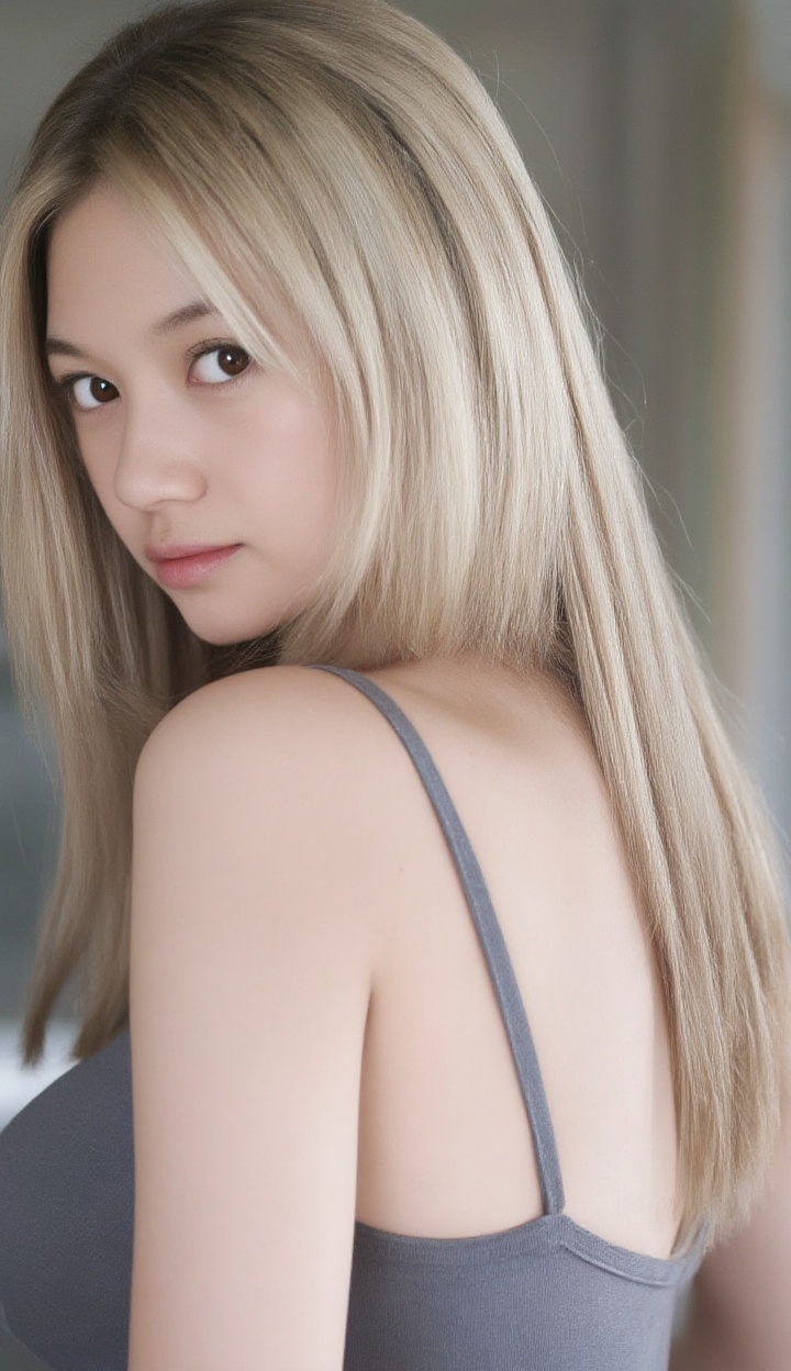 1girl,solo,realistic,looking at viewer,light blonde hair,long hair,big breast,lips,(upper body:1.1),closed mouth,bare shoulders,spaghetti strap,