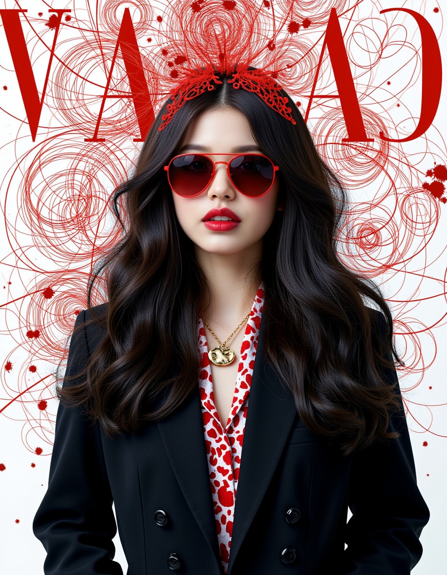 Geometric art style fashion magazine cover,exudes the breath of death,a smoking woman,standing in front of the cover of fashion magazine text,white cover text,decorated with gorgeous patterns and beautiful lines,delicate wait,deconstructed minimalist line graph. Fractal art effect. Dolce & Gabbana and Balenciaga haute couture (sunglasses),red lips,shirt,Blazer,long hair,